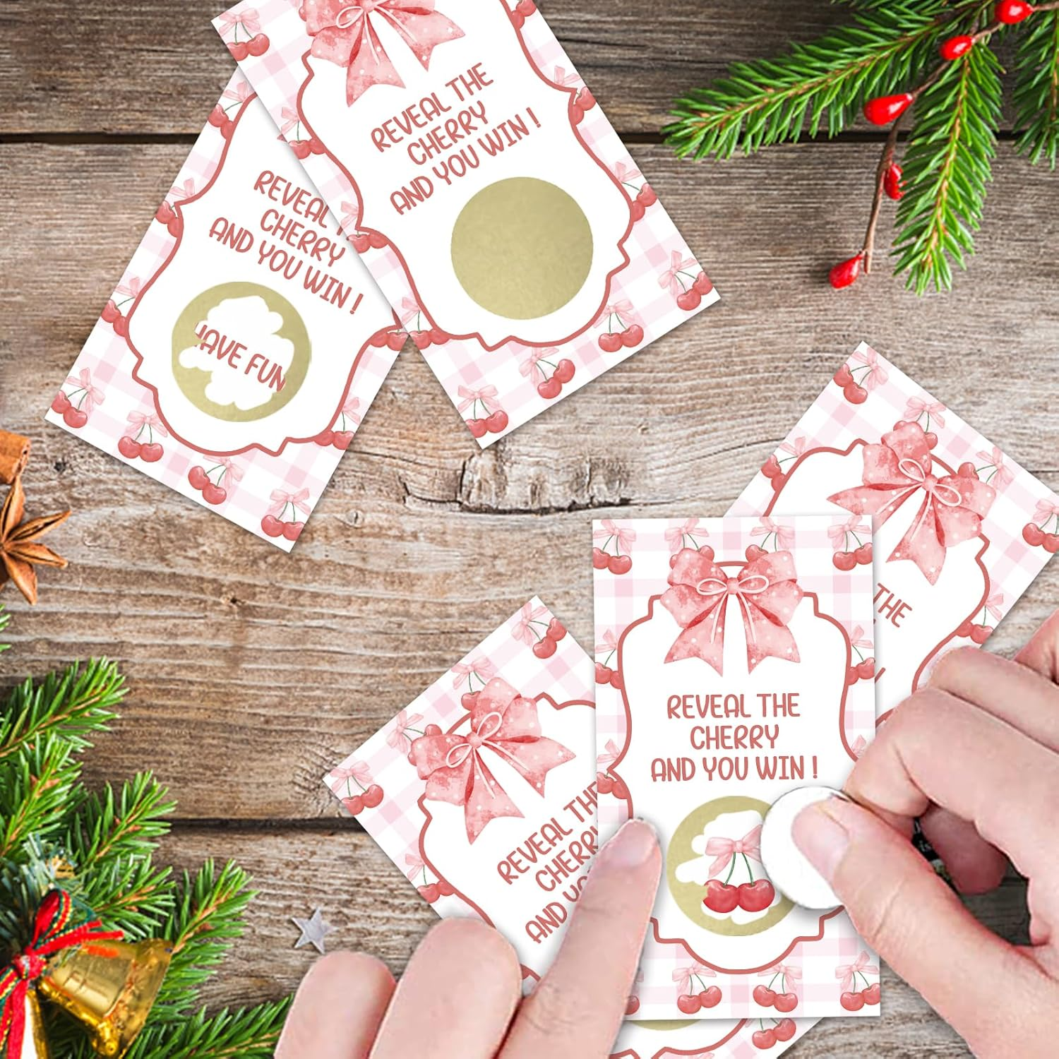 192REWIDPARTY 32 Pcs Cherry Theme Scratch off Cards, Watercolor Pink Bow Scratch off Tickets, Cherry Baby Shower Prize Raffle Tickets, Funny Birthday Baby Shower Party Cards Supplies for Family Friend image number 2