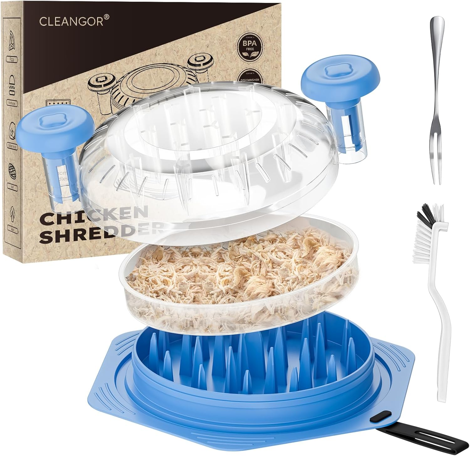 Cleangor Chicken Breast Shredder Tool Twist Large, BPA Free Meat Shredder with Ergonomic Handle, Non-Slip Food Shredder Tool for Pork, Set of Chicken Shredder with Brush & Fork (1, Black)