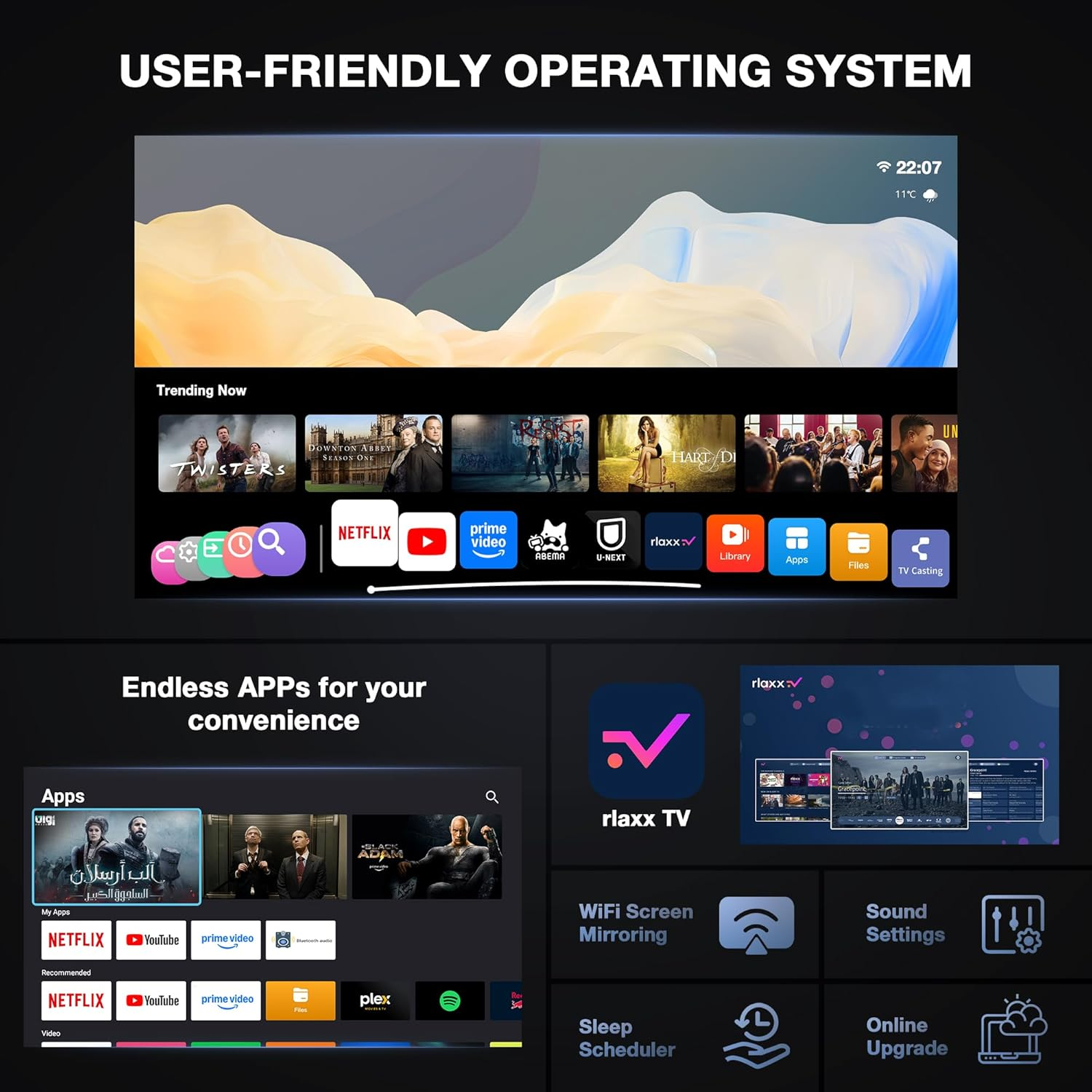 Mini Projector [360&deg;Adjustable Stand & Auto Focus/Keystone] with Netflix Officially, VOPLLS Wifi Bluetooth 1080P Full HD Portable Projector, Smart Moive Projector for Bedroom/Outdoor/Phone