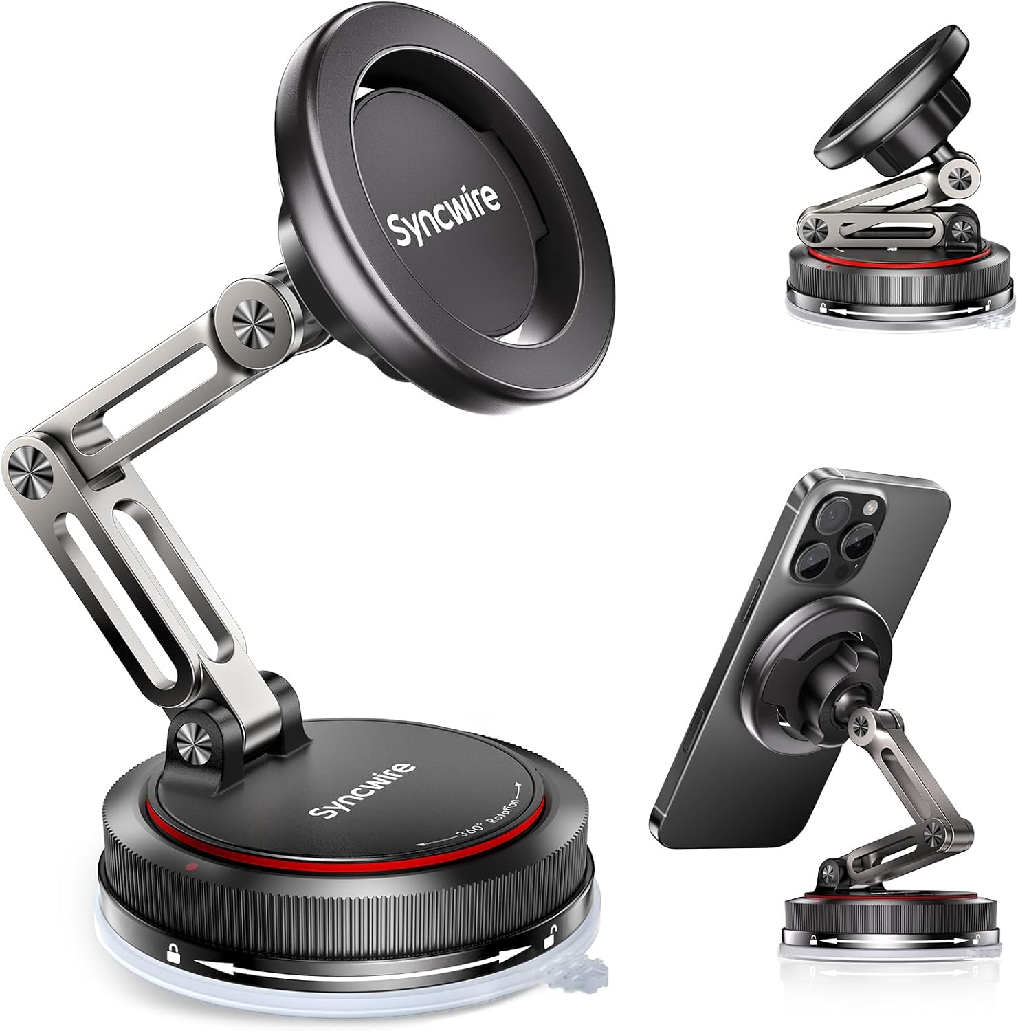 SYNCWIRE for Magsafe Car Mount [3-Axis] Nano Adhesive Gel + Strong Suction Cup Magnetic Phone Holder for Dashboard & Windshield, 360&deg; Adjustable for Iphone 17 16 15 14 13 12, Samsung, Matte Black image number 1