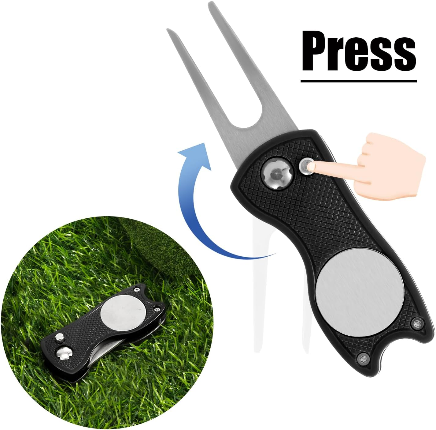 Golf Divot Repair Tool, Stainless Steel Divot Repair Tool Foldable Pop-Up Divot Turf Fork Golf Metal Putting Fork Golf Turf Fork Ball Marker Divot Tool for Golf Lover image number 5