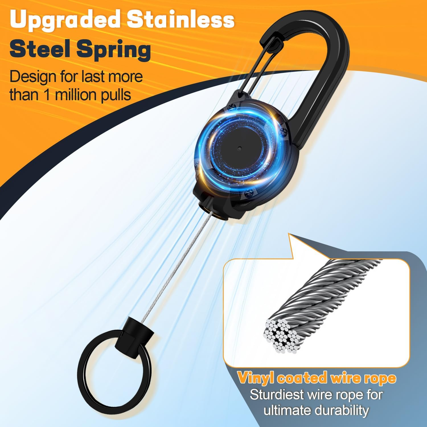 Heavy Duty Retractable Keychain 3 Pack, Retractable ID Badge Holder Reel, Multitool Carabine Key Holder for Keychain, Badge Holder with 23.6" Steel Cord Key Ring Clip, 8.0 Oz (3X Black) image number 1