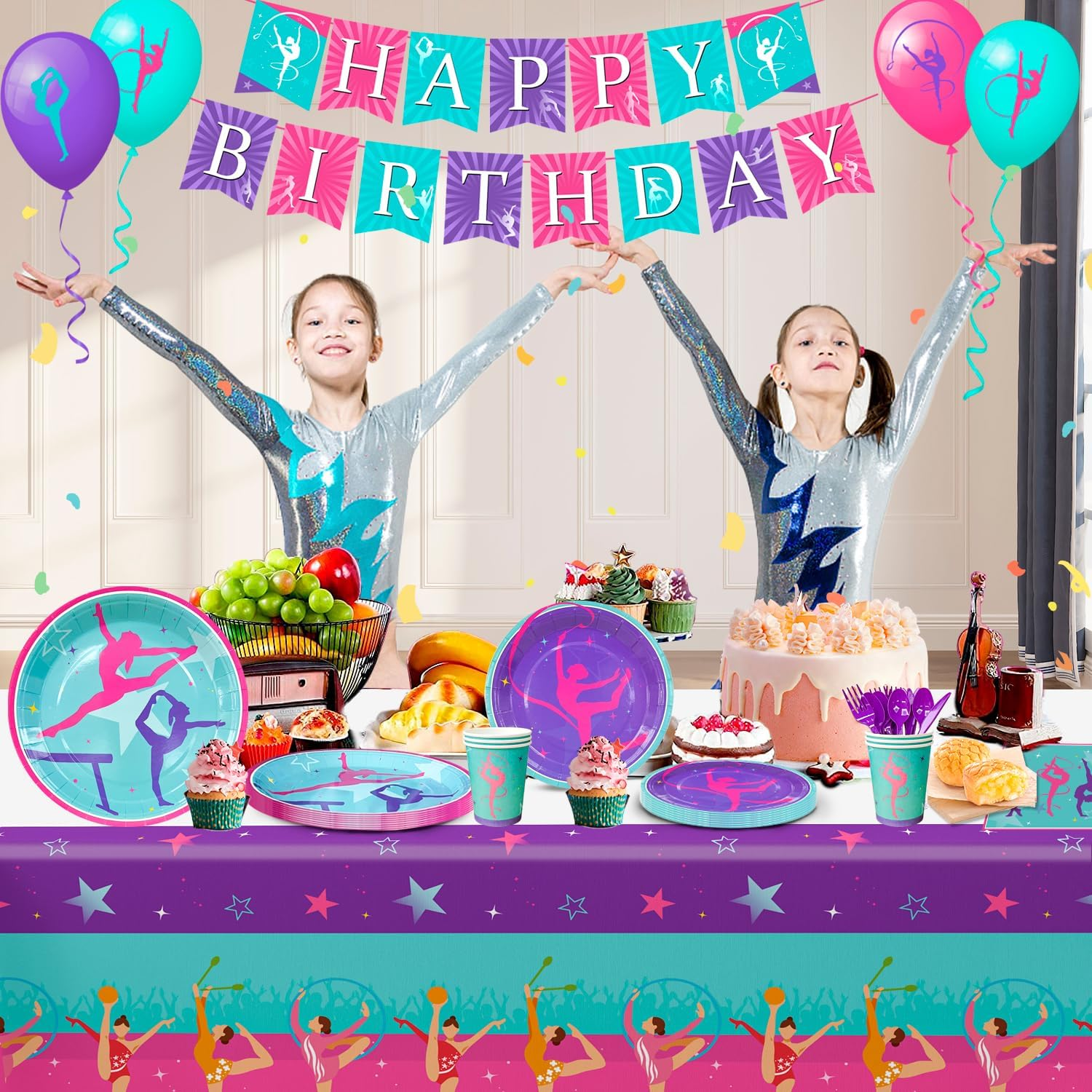 Gymnastics Birthday Party Supplies, Gymnastics Party Decorations Tableware Kit Gymnastics Plates and Napkins Cups Tablecloth Balloons Banner Etc Gymnastics Decorations for Birthday Party, 16 Guests image number 3