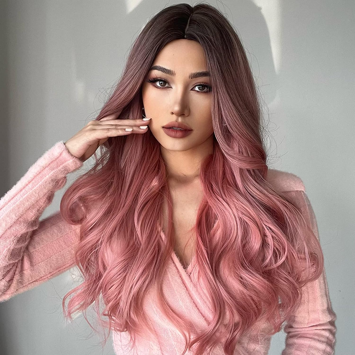 Eacam Pink Wigs Long Curly Wavy Hair Wigs for Women Wig Synthetic Straight Cos Wigs Heat Resistant Synthetic Hair Pink Curly Wavy Wig for Party Cosplay Daily Use image number 4