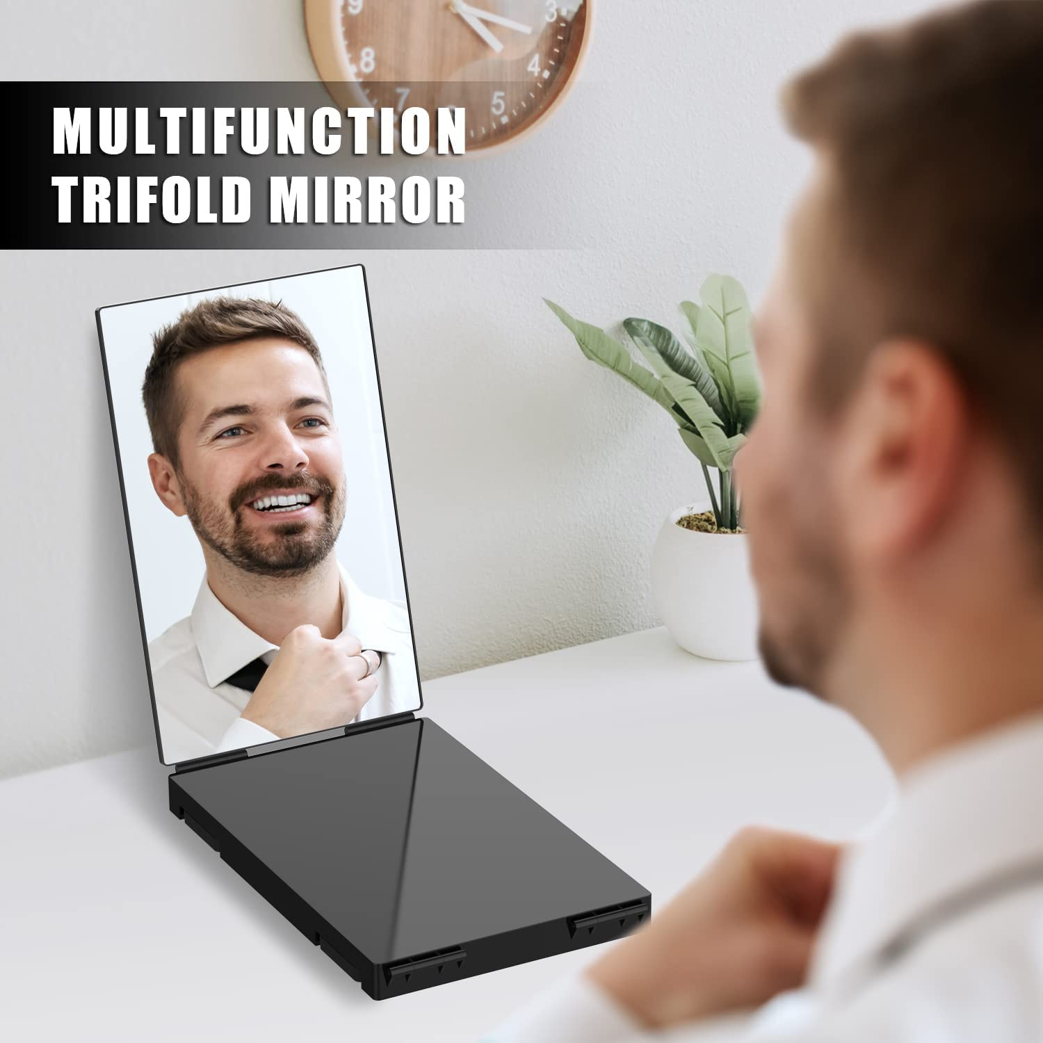 3 Way Makeup Mirror with 10X Magnified Mirror, Trifold 3 Way 360 Mirror for Cutting Hair | 3 Mirror Selfcut System- Portable DIY Haircut Tool (Black) image number 3