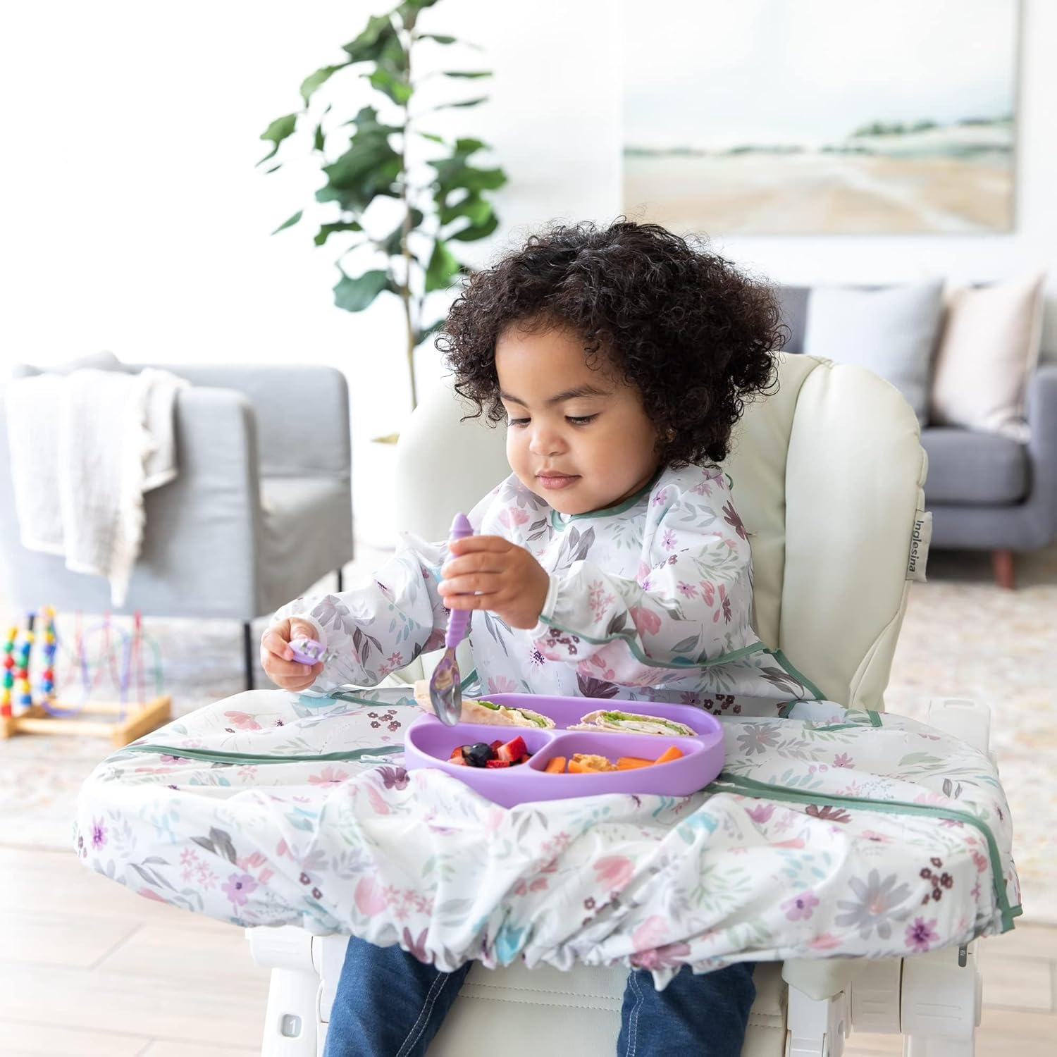 Bumkins Baby Bibs and High Chair Cover with Toddler Bib, Long Sleeve Bib for Babies, Smock for Eating, Feeding Babies, Waterproof Bibs for Baby Boy and Baby Girl &ndash; Floral image number 3