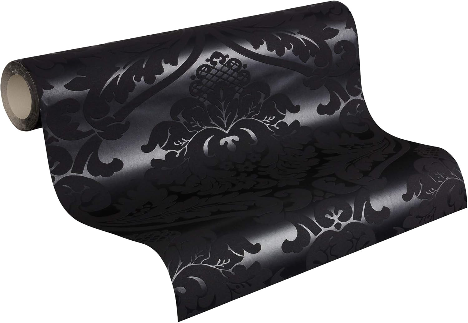 Livingwalls 552631 Classic Vintage Baroque Wallpaper in Black with Flock Damask Pattern, 1'8'' X 32'11'' (0.53 X 10.05 M)