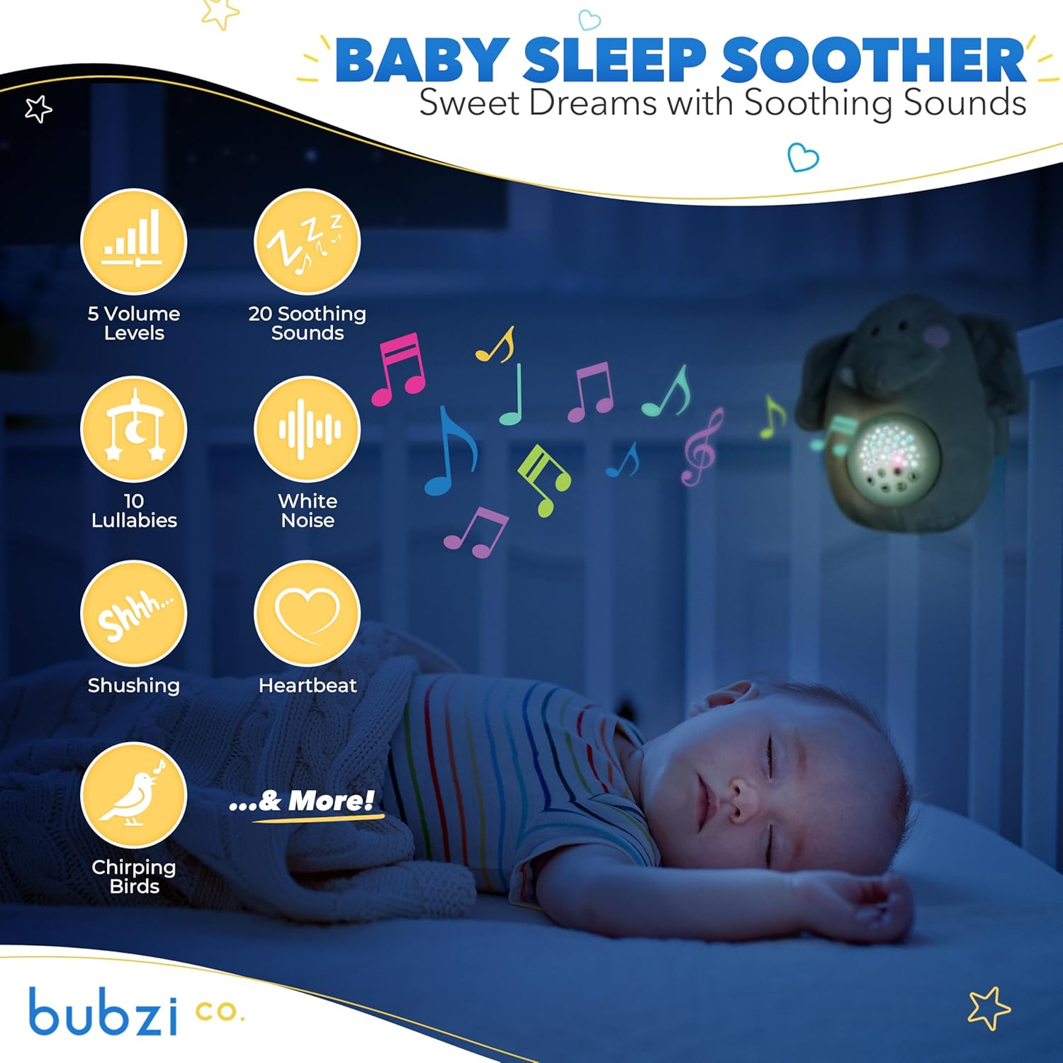 Bubzi Co Baby Sound Machine, Portable Elepahnt Soother & Baby Night Light Projector, Comforting Electronic Infant Toddler Sleep Aid & Baby Shush with White Noise image number 6