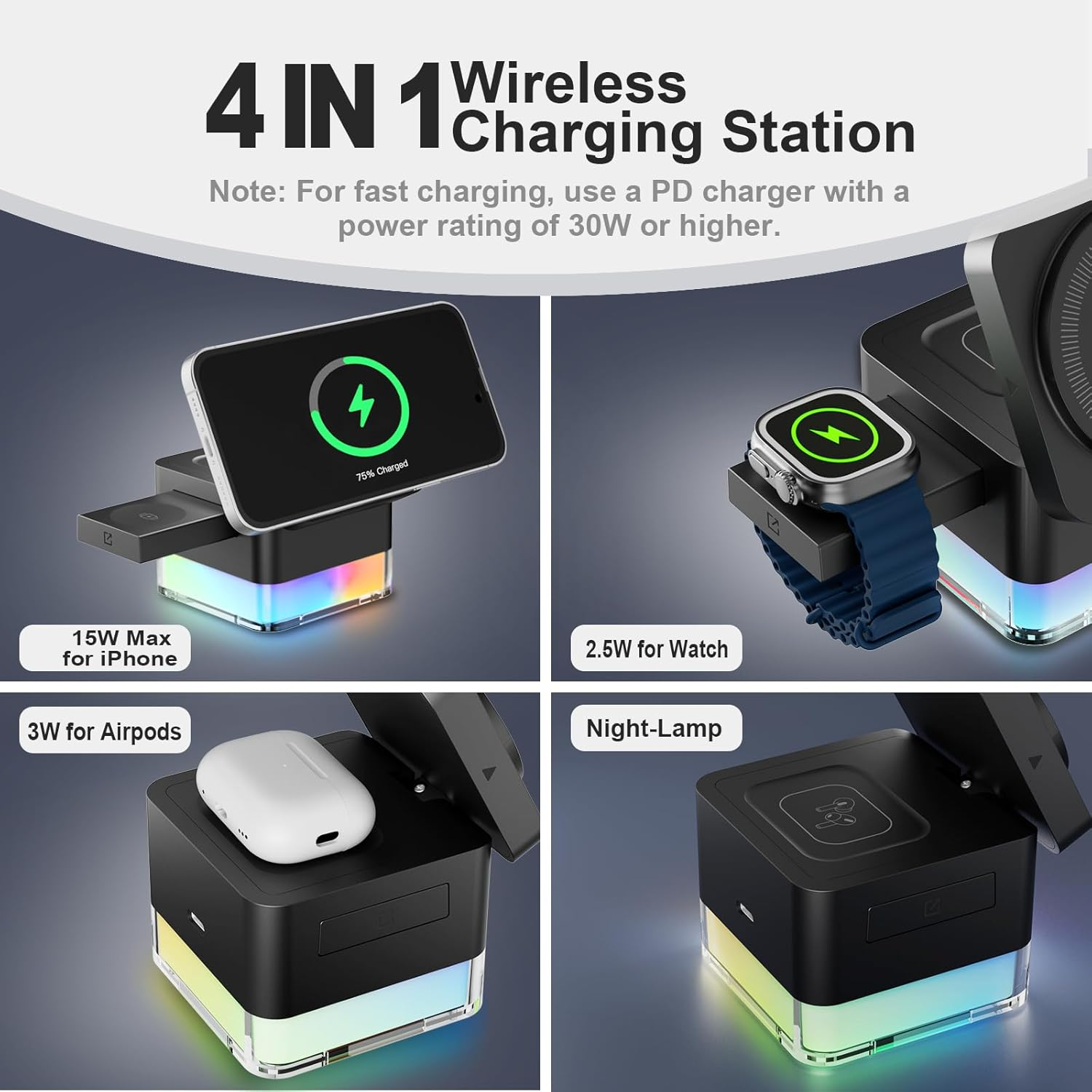 4 in 1 Magnetic Wireless Charging Station,Wireless Charger Stand with Night-Lamp,3-In-1 Charger Dock for Iphone 16/15/14/13 Pro Max,Apple Watch, Airpods & Multiple Devices image number 4