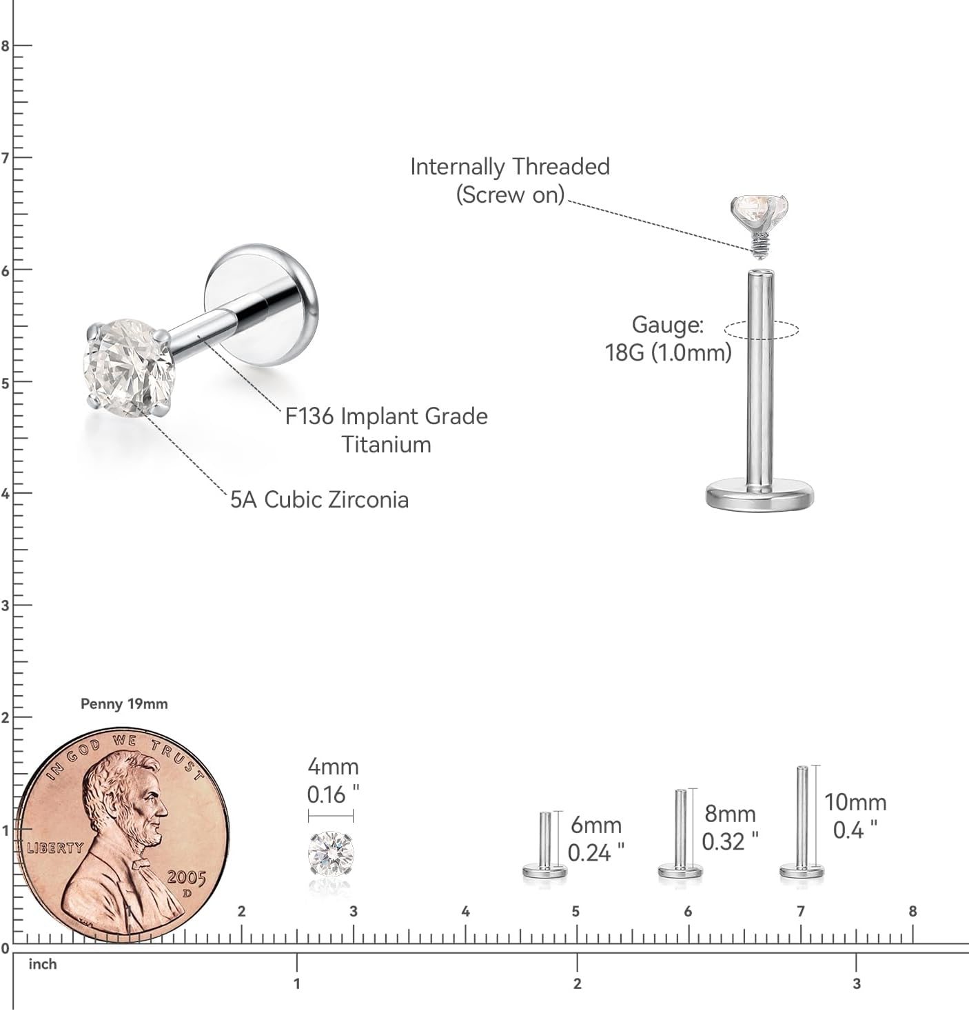 Limerencia Titanium Hypoallergenic Piercing Jewelry - 18G 6Mm 8Mm 10Mm for Tragus,Helix,Conch,Cartilage,Nose,Lip,F136 Implant Grade Flat Back Internally Threaded Earrings