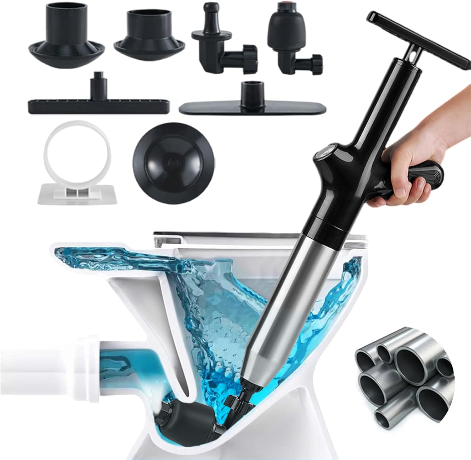 Wenbones Drain Cleaner Pump with Air Compression and Air Pressure Display, Compressed Air Pipe Cleaner with 4 Suction Cups, Toilet Plunger for Cleaning Pipes, Sinks, Bathrooms, Kitchens (Black)