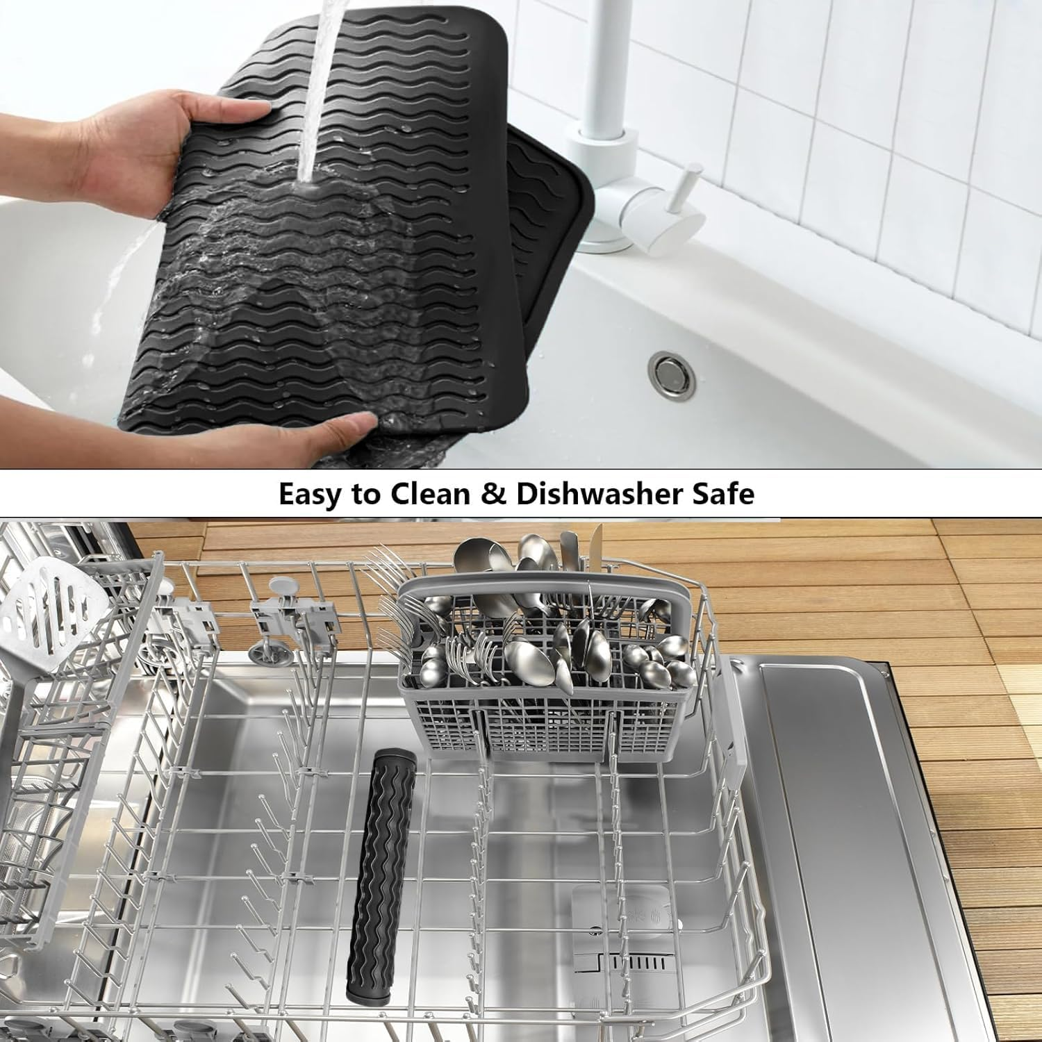 Heat-Resistant Stove Cover Mat & Utensils, Silicone Top Protector, Silicone Stove Mat for Kitchen, Easy Clean Multi Usage Drying Matt (Black) - Grey image number 2