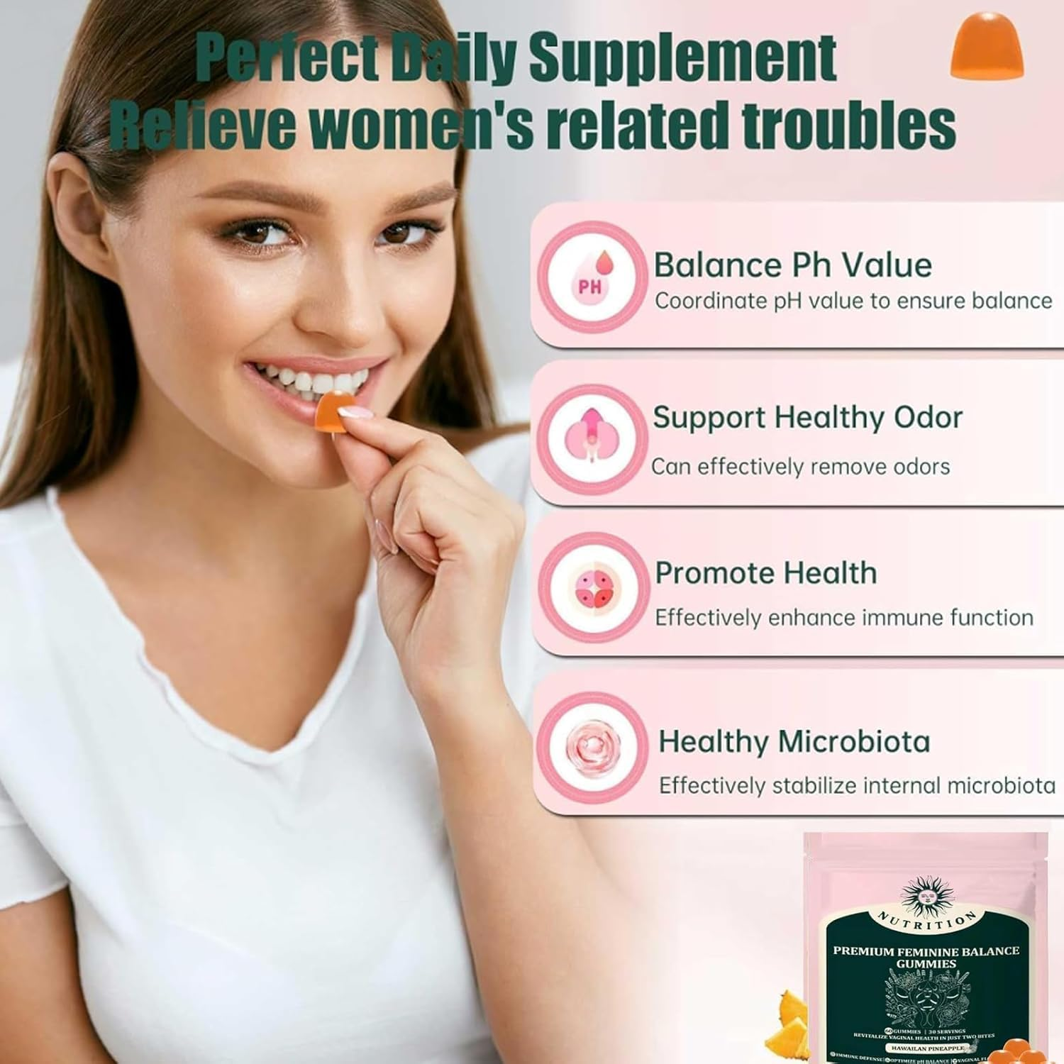 Feminine Balance Gummies,Premium Feminine Balance,Improve Immune,Promotion of Women'S Health,Vegan,Hawaiian Pineapple Flavor - 60 Gummies - 30 Servings image number 5