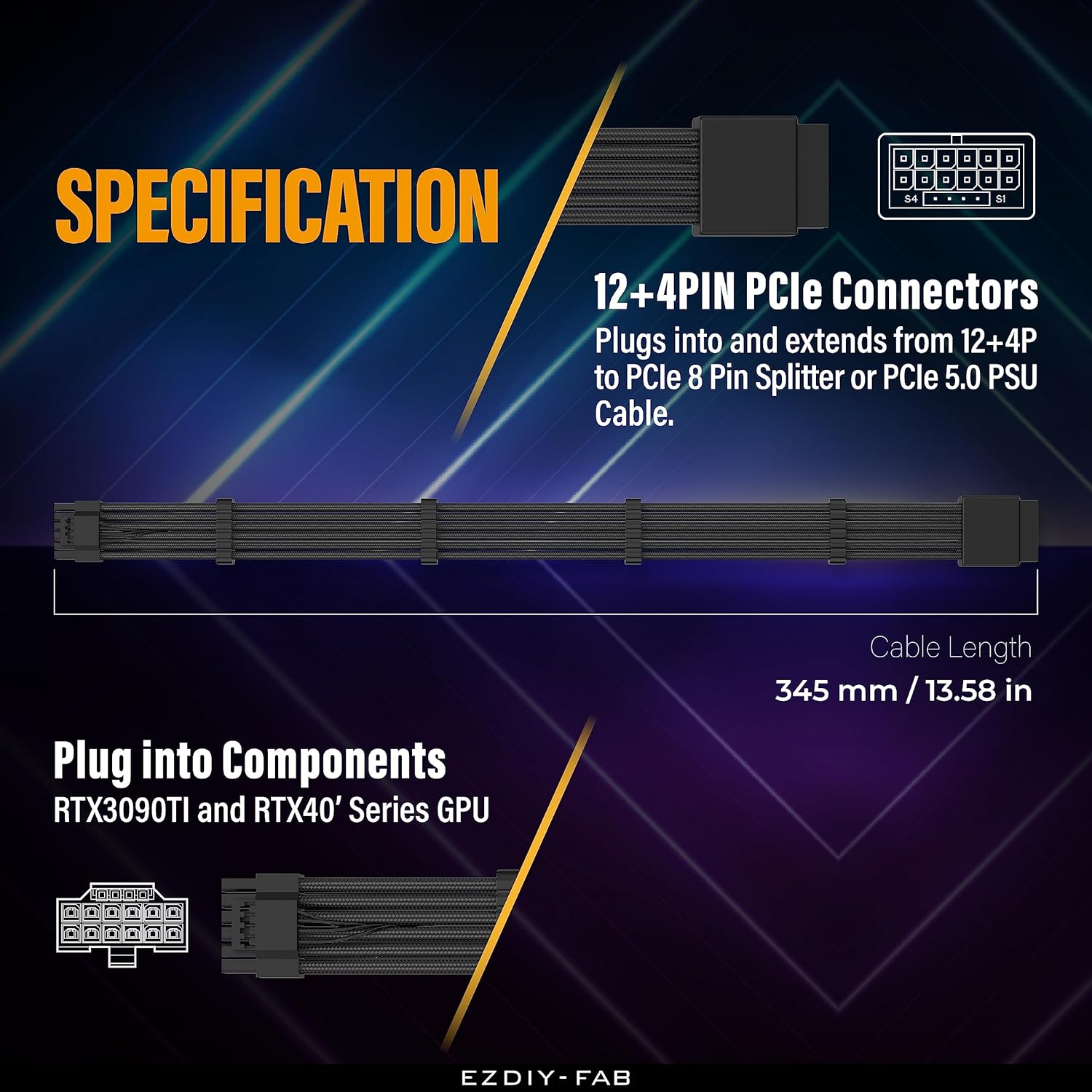 EZDIY-FAB GPU Power Sleeved Cable Extension, 16Pin(12+4) 12VHPWR Pcie 5.0 Connector Male to Female for RTX 5080, 5070, 4090, 4080, 4070, with Cable Combs-16Awg/Black - Black image number 4