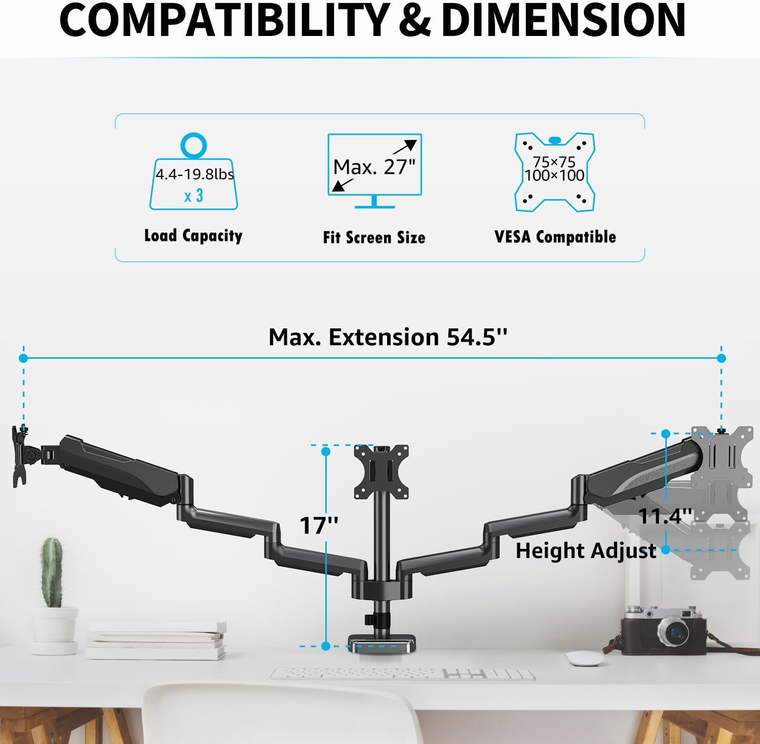 MOUNTUP Triple Monitor Stand Mount - 3 Monitor Desk Mount for Computer Screens up to 27 Inch, Triple Monitor Arm with Gas Spring, Heavy Duty Monitor Stand, Each Arm Holds up to 19.8 Lbs, MU0006 image number 1