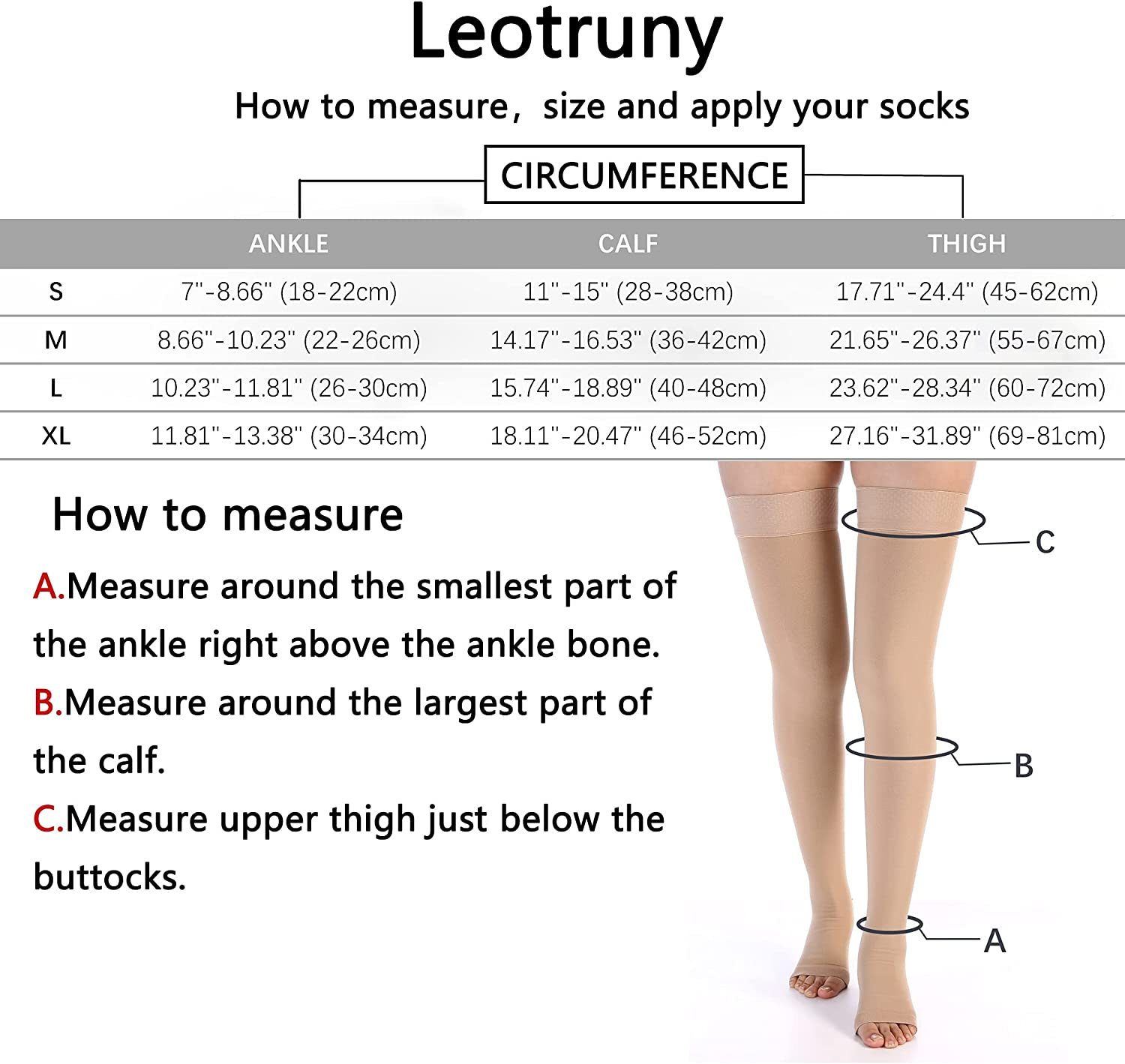 Leotruny Women Men 20-30 Mmhg Support Open Toe Thigh High Compression Stockings image number 5