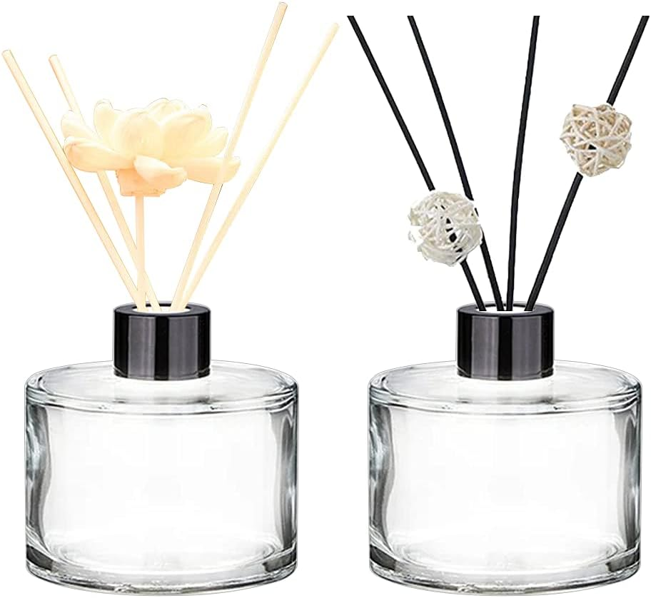 Set of 2 Glass Essential Oils Diffuser Bottles Fragrance Bottle Jars Containers for DIY Replacement Reed Diffuser Sticks Sets Essential Oils Crafts Decor (50ML Black Cap) image number 1