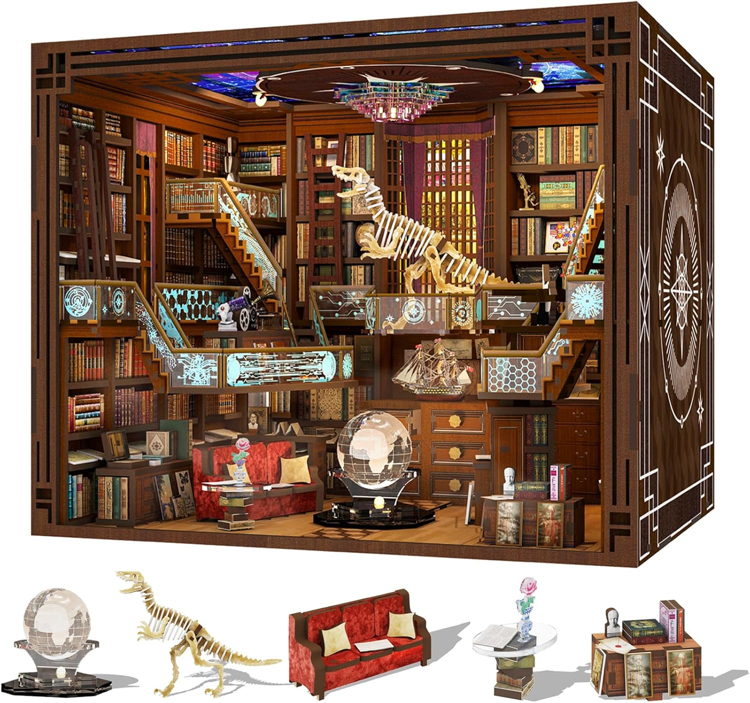 Book Nook Kit, DIY Miniature Dollhouse Booknook Kit, 3D Wooden Puzzle Bookend Bookshelf Insert Decor with LED Light for Teens and Adults(Beyond Library Max)