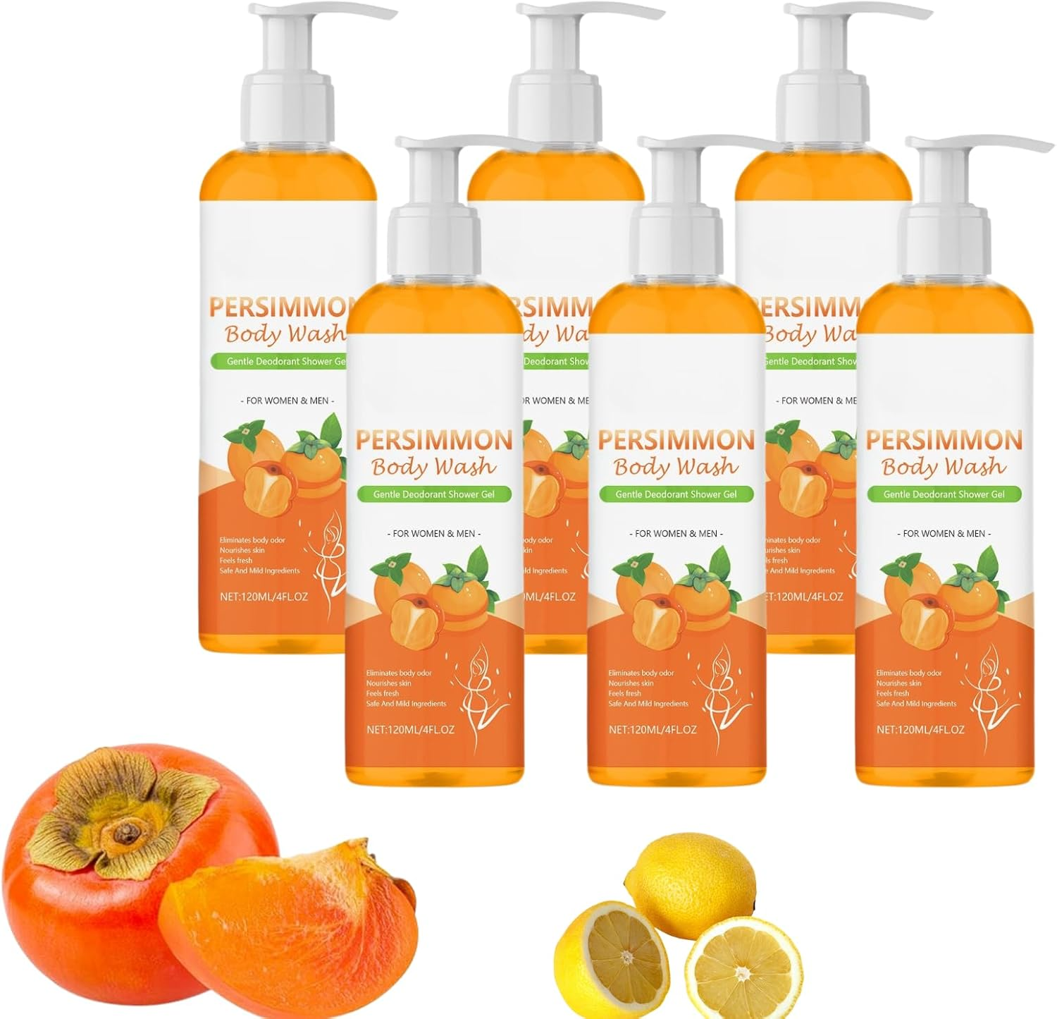Natural Persimmon Body Wash with Green Tea Extract &ndash; Deodorizing Shower Gel for Body Odor Control, Deep Cleansing & Moisturizing Formula for All Skin Types (4Pcs)