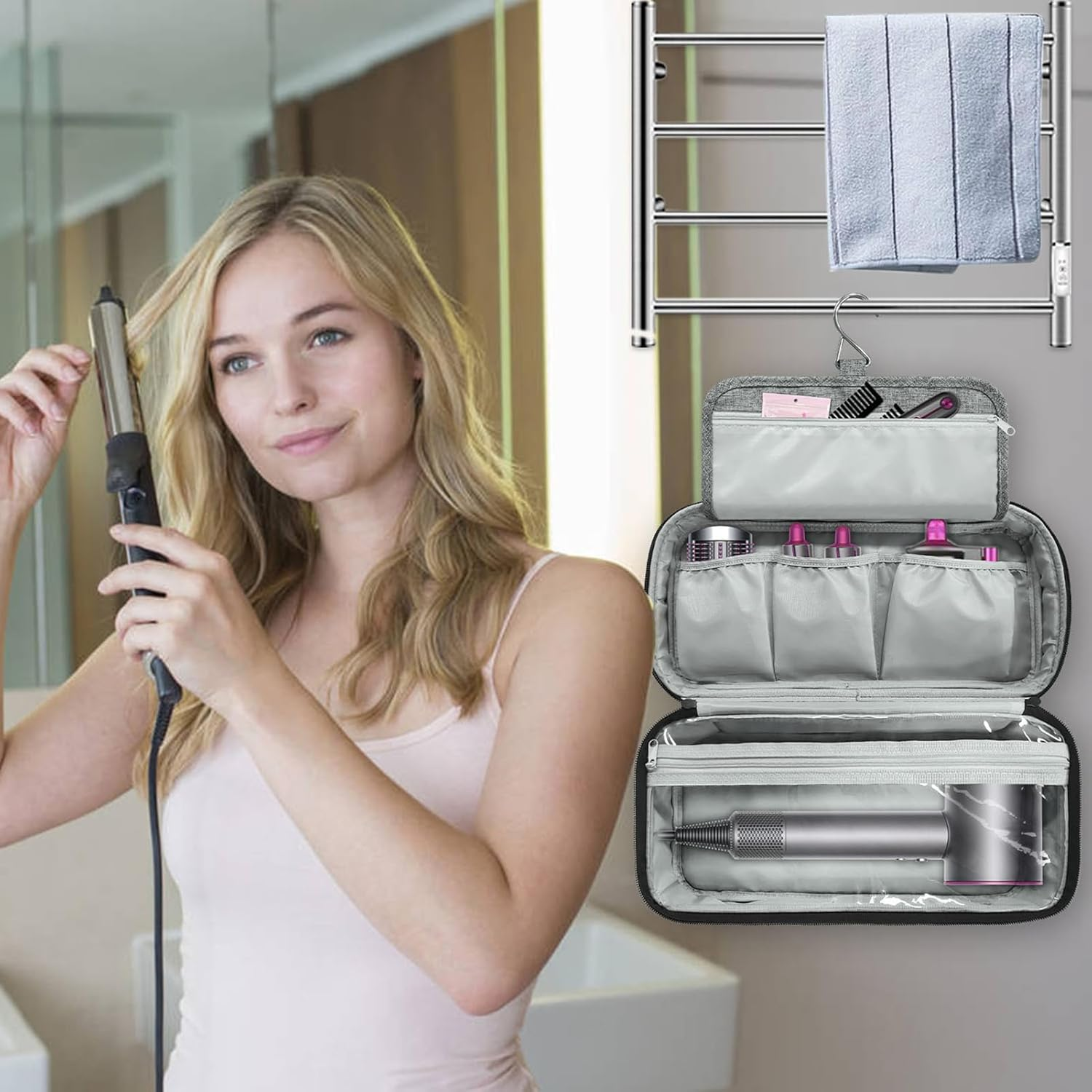 Hair Dryer Travel Case | Curling Iron Carry Pack | with Stainless Large Capacity Hook Hair Tool Travel Bag - for Women Lady Mother Girlfriend Female image number 2