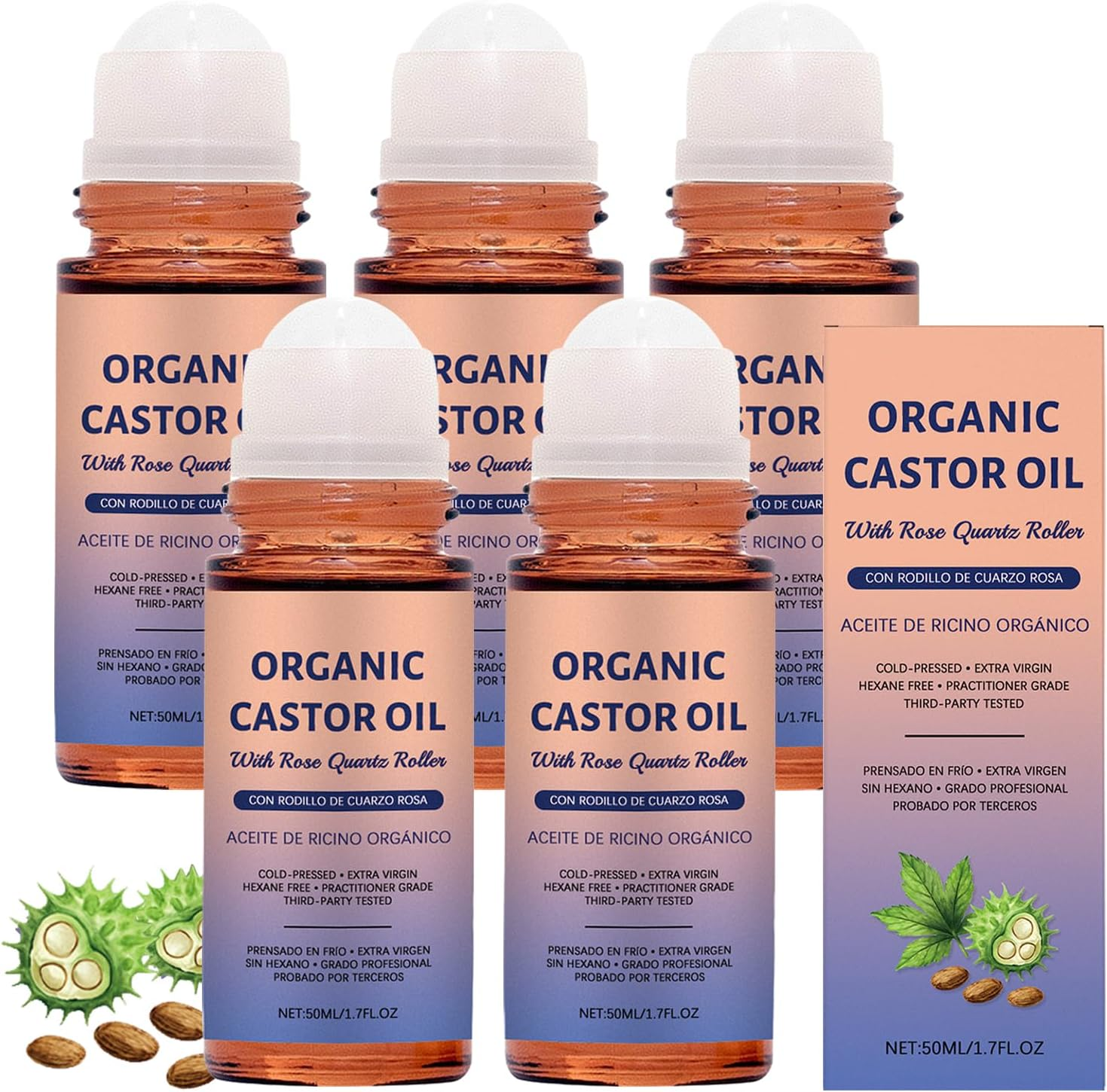 Organic Castor Oil with Rose Quartz Roller, Cold Pressed, Organic Castor Oil Roller Ball, 1.7 Fl Oz, Hexane Free, Nourishing Skin, for Face, Tummy, Body and Skin, Amber Glass Bottle (5PCS)