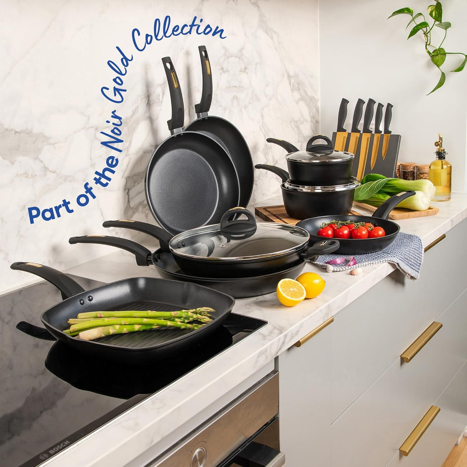 Russell Hobbs Noir Gold 20Cm Saucepan, RHCW20SNG, Induction Compatible, Soft Touch Bakelite Handle, Tempered Glass Lid, Easy Clean Non-Stick Surface, Stylish Gold Accents