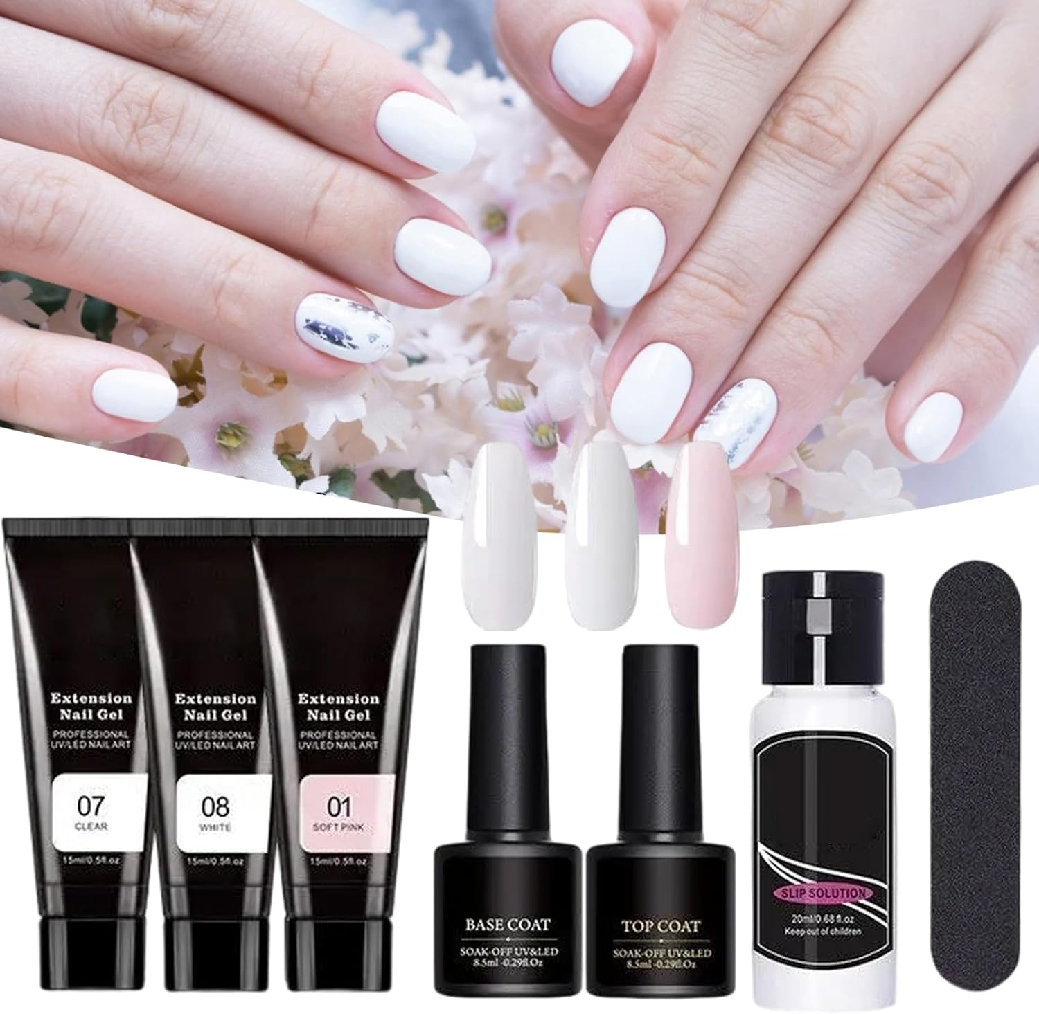 Poly Extension Gel Nail Kit,3 Colors Extension Nail Gel with Slip Solution and Lamp - Manicure Set for Home and Salon, Includes File and Clip image number 2