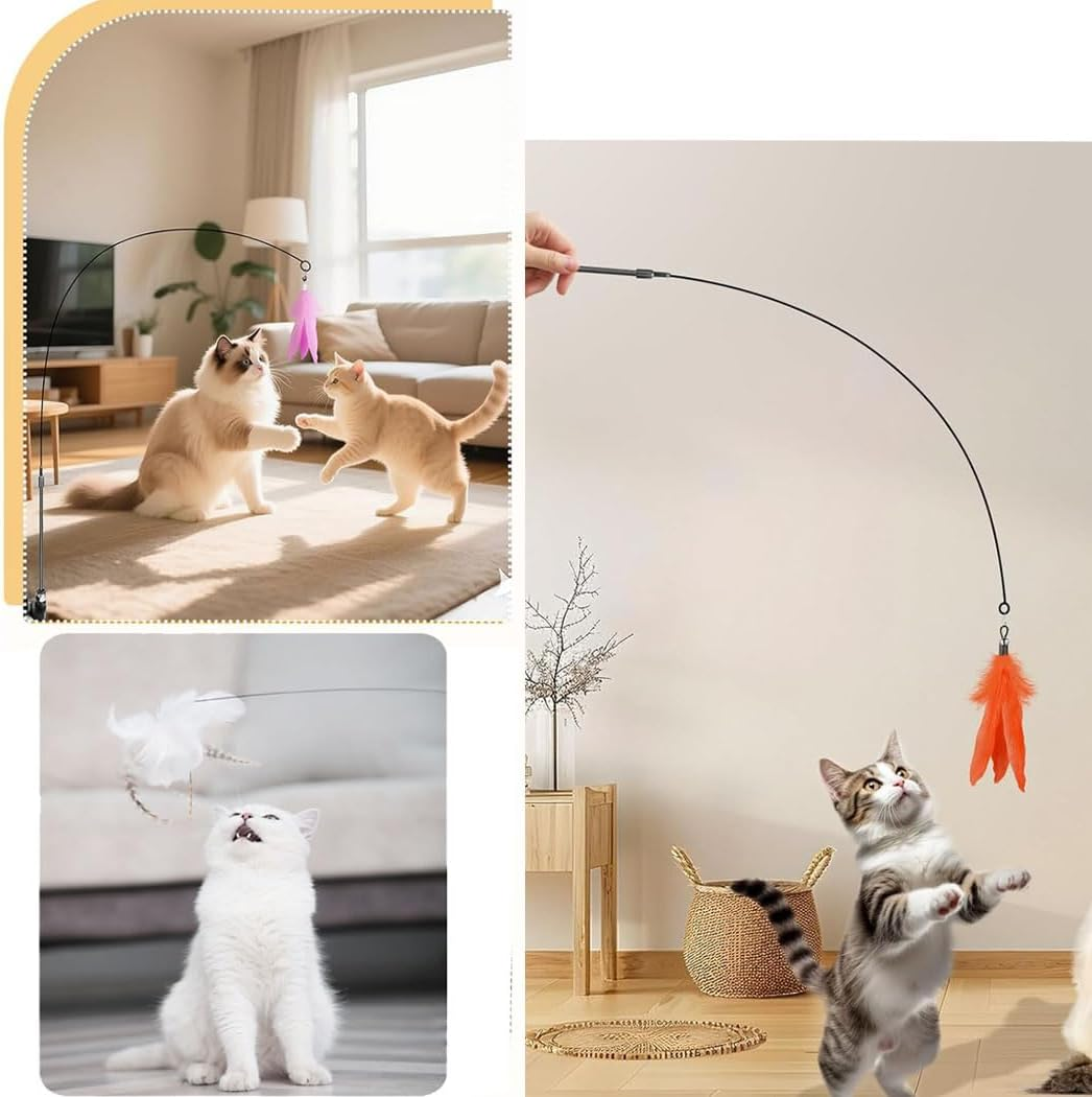 Idopick 10 Pcs Cat Toys for Indoor Cats,Interactive Suction Cup Cat Toys for Bored Indoor Adult Cats Teaser Cat Toys, 1 Flexible Steel Wire and 10 Pcs Replacement Feather Refills with Bell image number 4