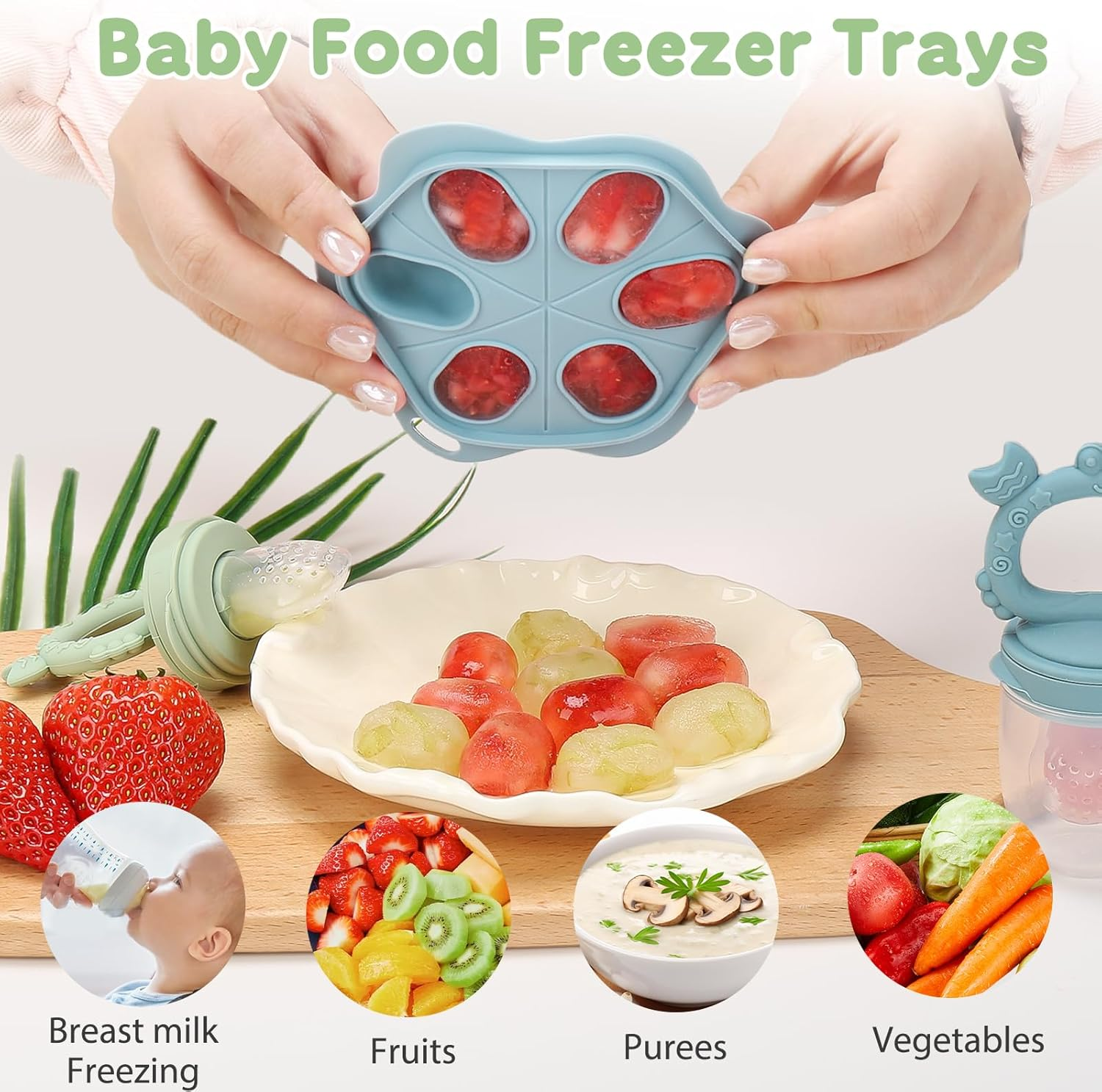 MR.TIMELAG Baby Fruit Food Feeder & Mini Freezer Nibble Tray Combo, Additional Silicone Sacs, BPA Free Silicone Feeder for Safe Infant Self Feeding, for Teething Babies and Self-Feeding Babies image number 5