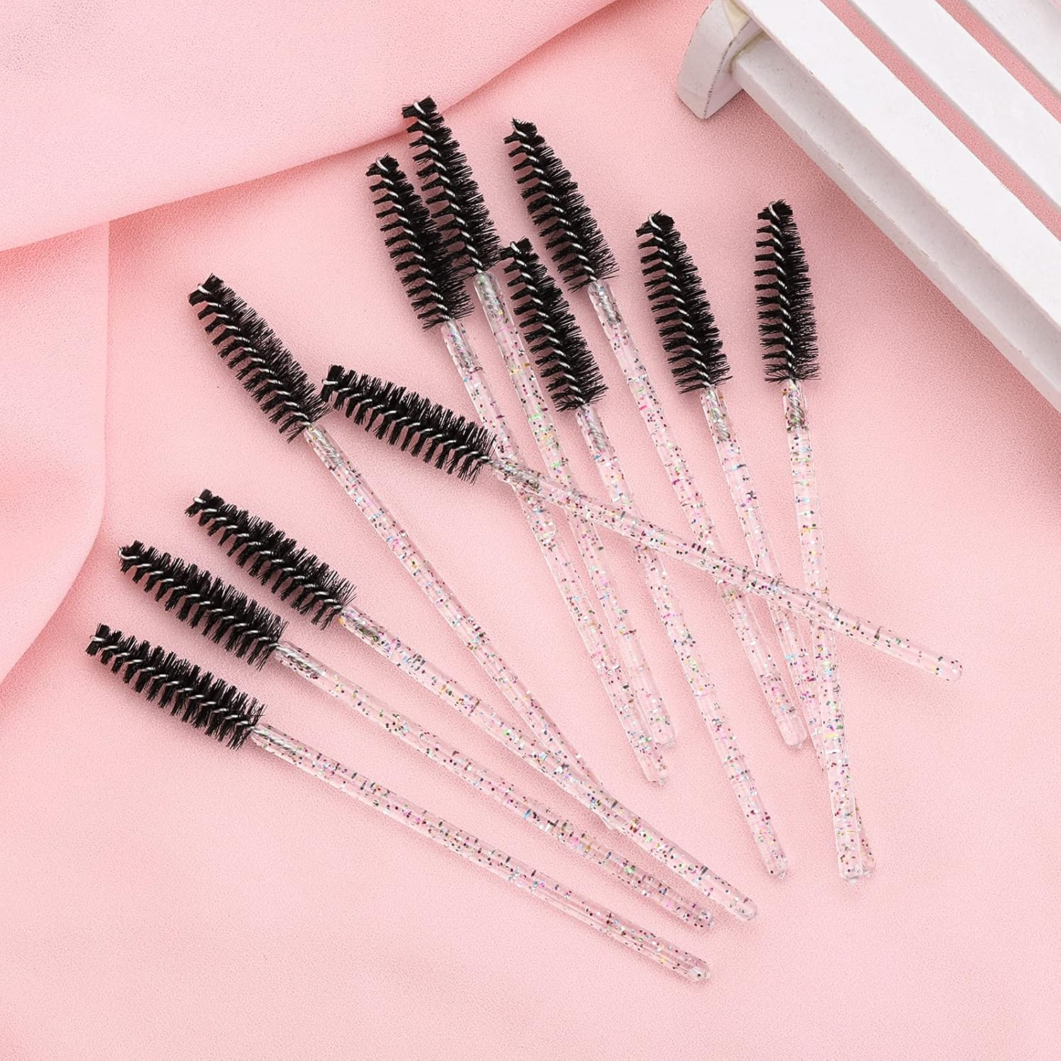 100 Pcs Crystal Eyelash Mascara Brushes Wands Applicator Makeup Sticks Disposable Eyebrow Spoolie Brush - Black - Crystal-Pink image number 3