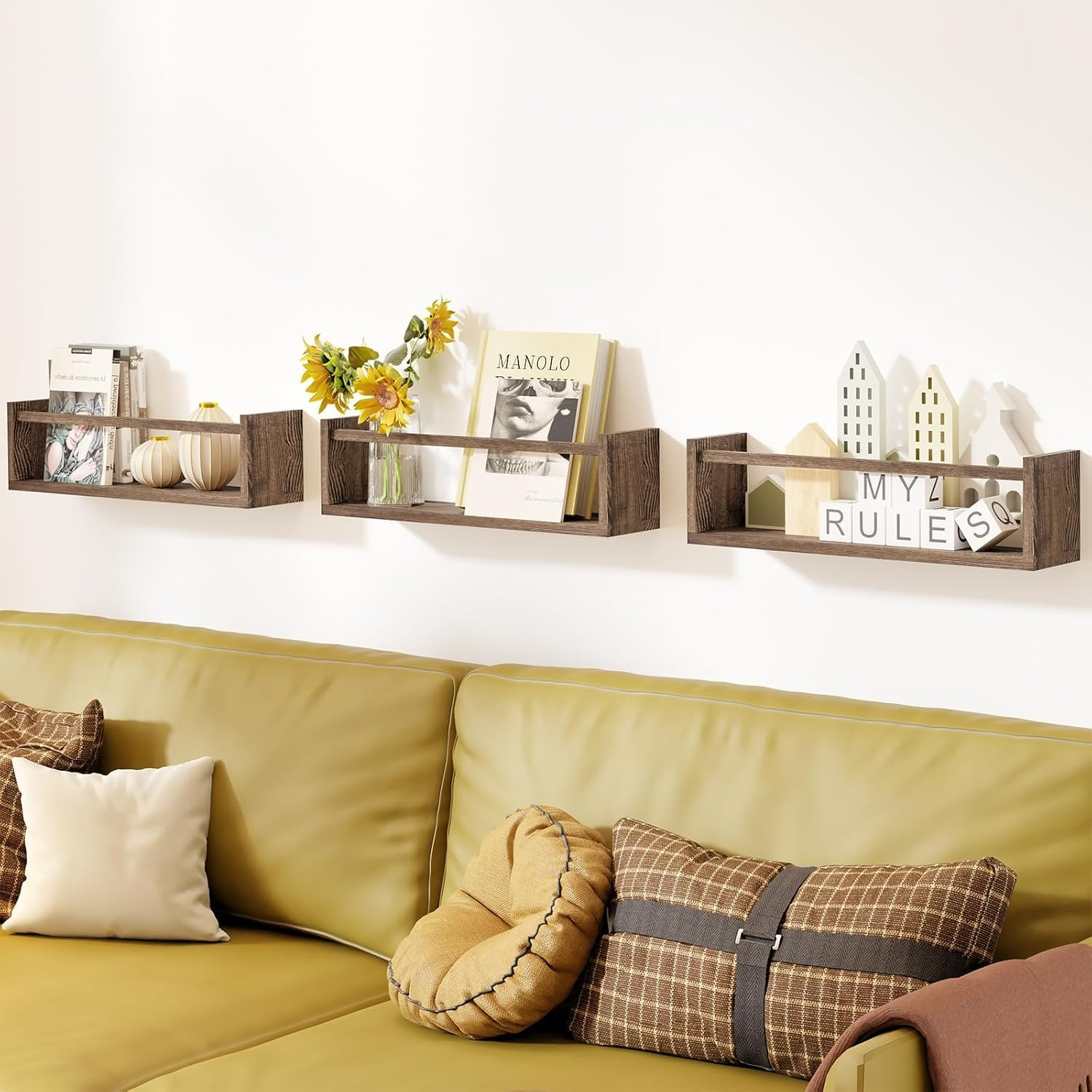 Floating Nursery Book Shelves, 3 Pack Wood Floating Shelves for Kids Room, Small Wood Book Shelf Wall Mounted for Baby Boys Girls, Toy and Decor Storage for Bedoom (Brown) - Brown image number 5