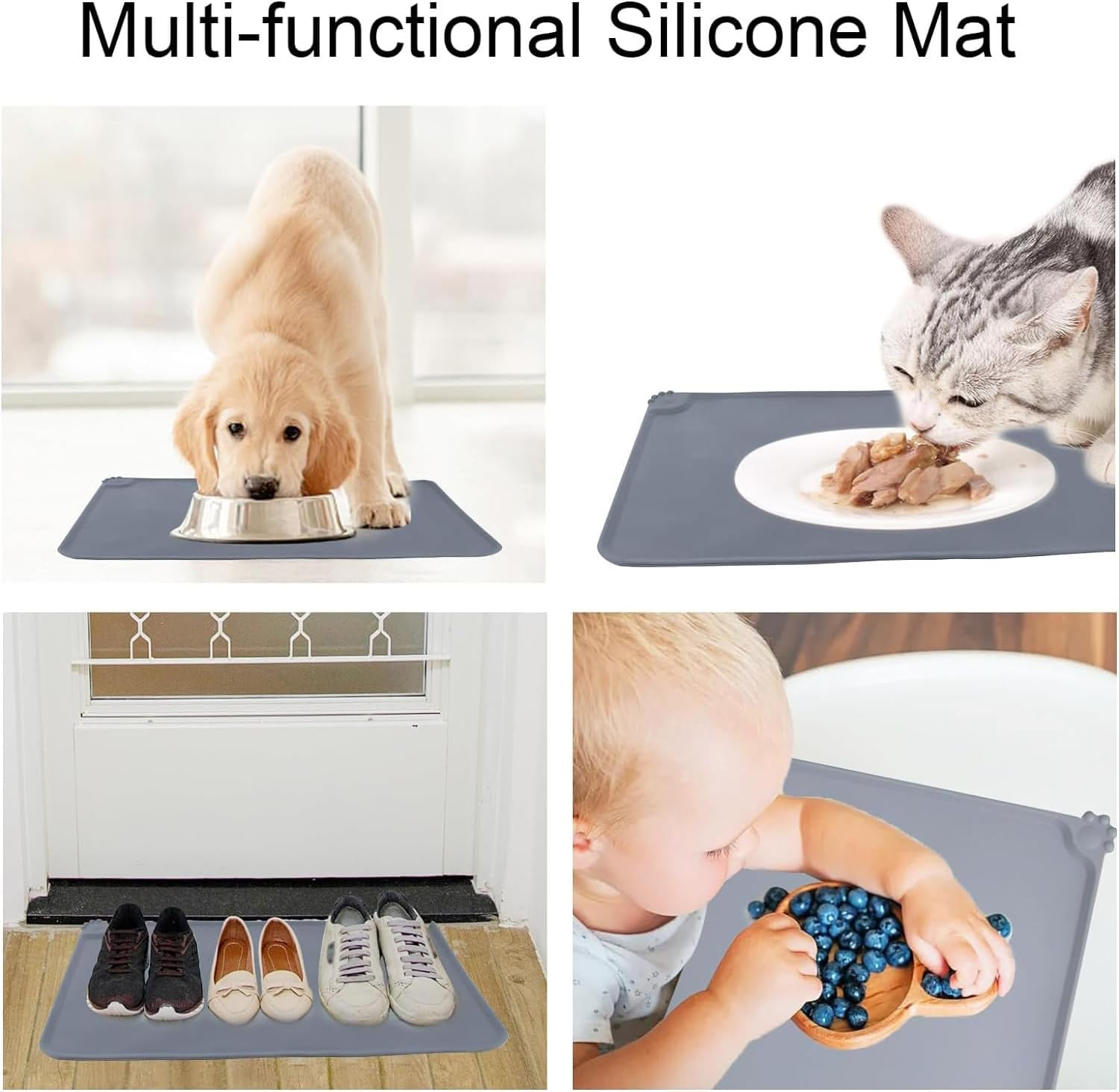 Mumoo Bear Silicone Pet Feeding Mat, Waterproof Dog Cat Food Mat with Raised Edges, Dog Cat Water Bowl Placemats for Food and Water Prevent Spill for Pets-Grey - Grey image number 2