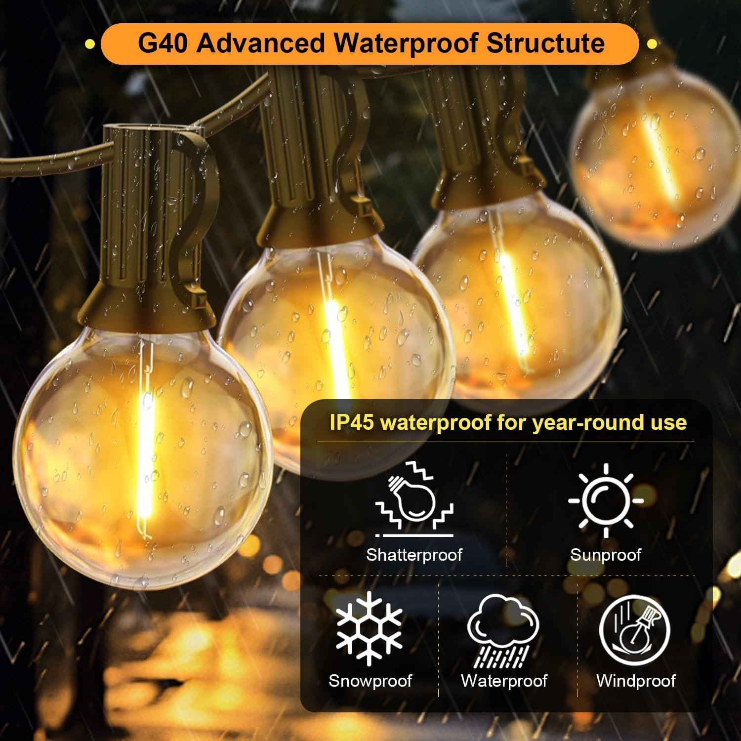 Necomi Festoon Lights Outdoor, 30M 50 Bulbs+2 Spares G40 LED Outdoor Lights, 【Shatterproof】 Waterproof Connectable Commercial Hanging Lights for Christmas Patio House Backyard Balcony Party (AU Plug)
