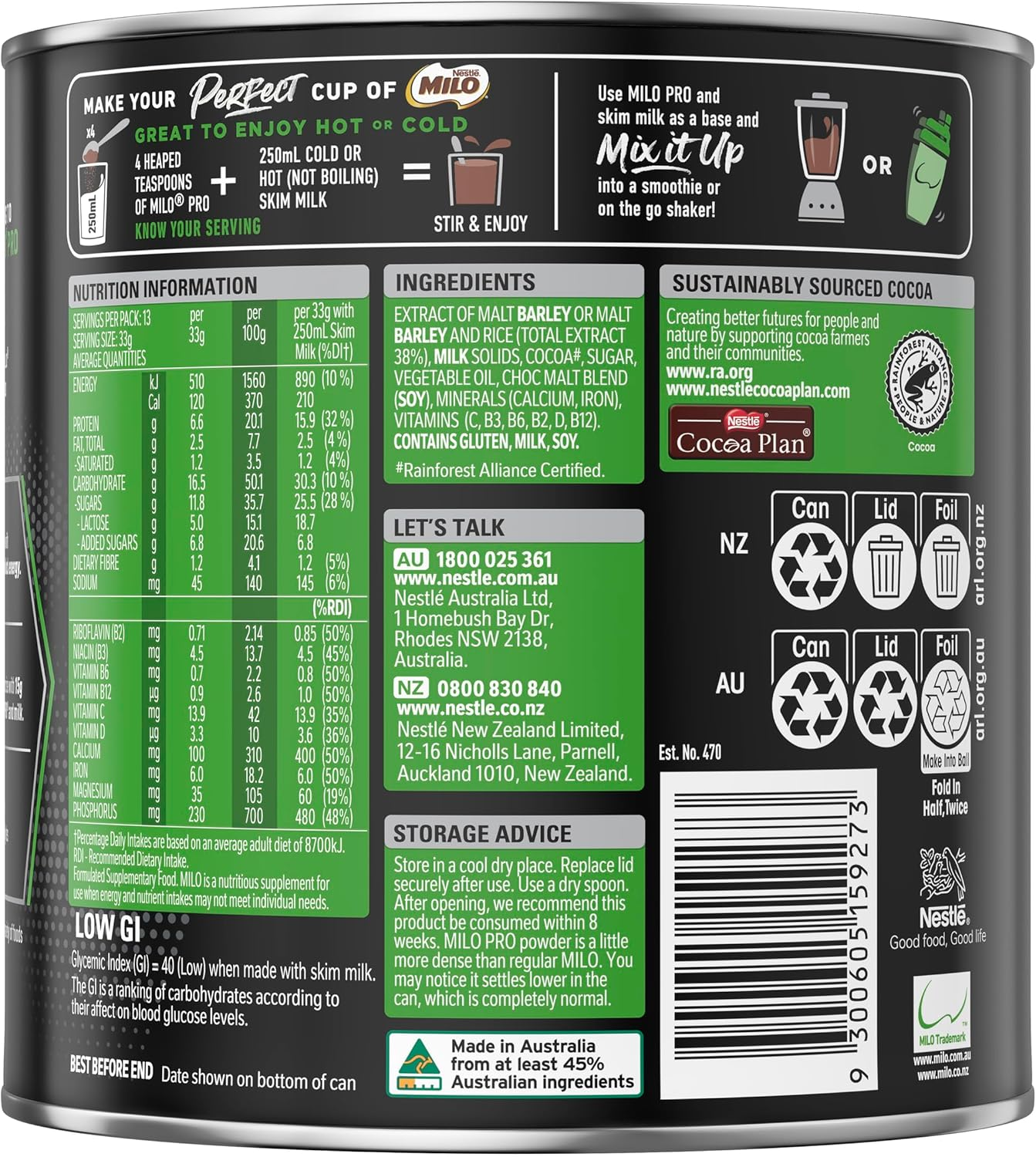 Milo Pro Protein Chocolate Malt Powder Hot or Cold Drink 440 G