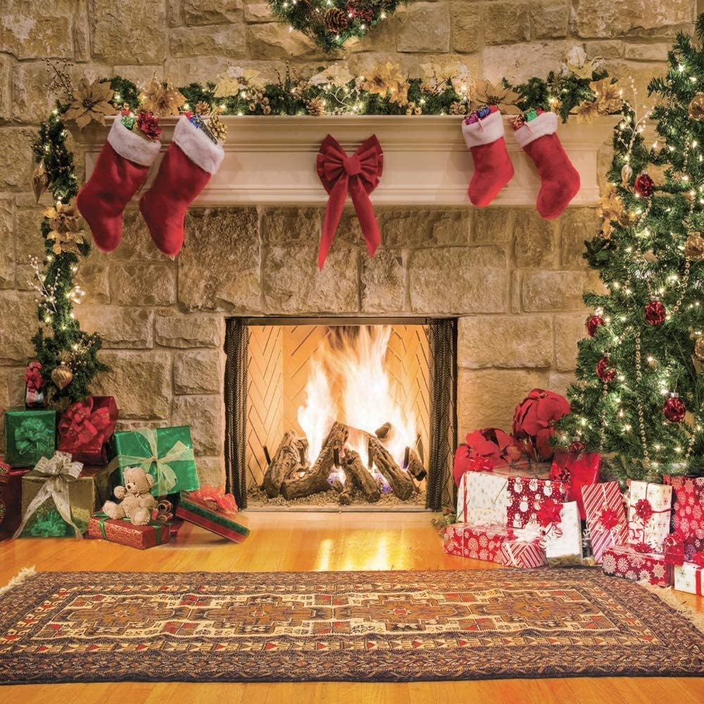 CYLYH 10X10Ft Christmas Backdrops Christmas Fireplace Theme Backdrop Tree Sock Decorations for Xmas Party Supplies Photo Background Pictures Banner image number 7