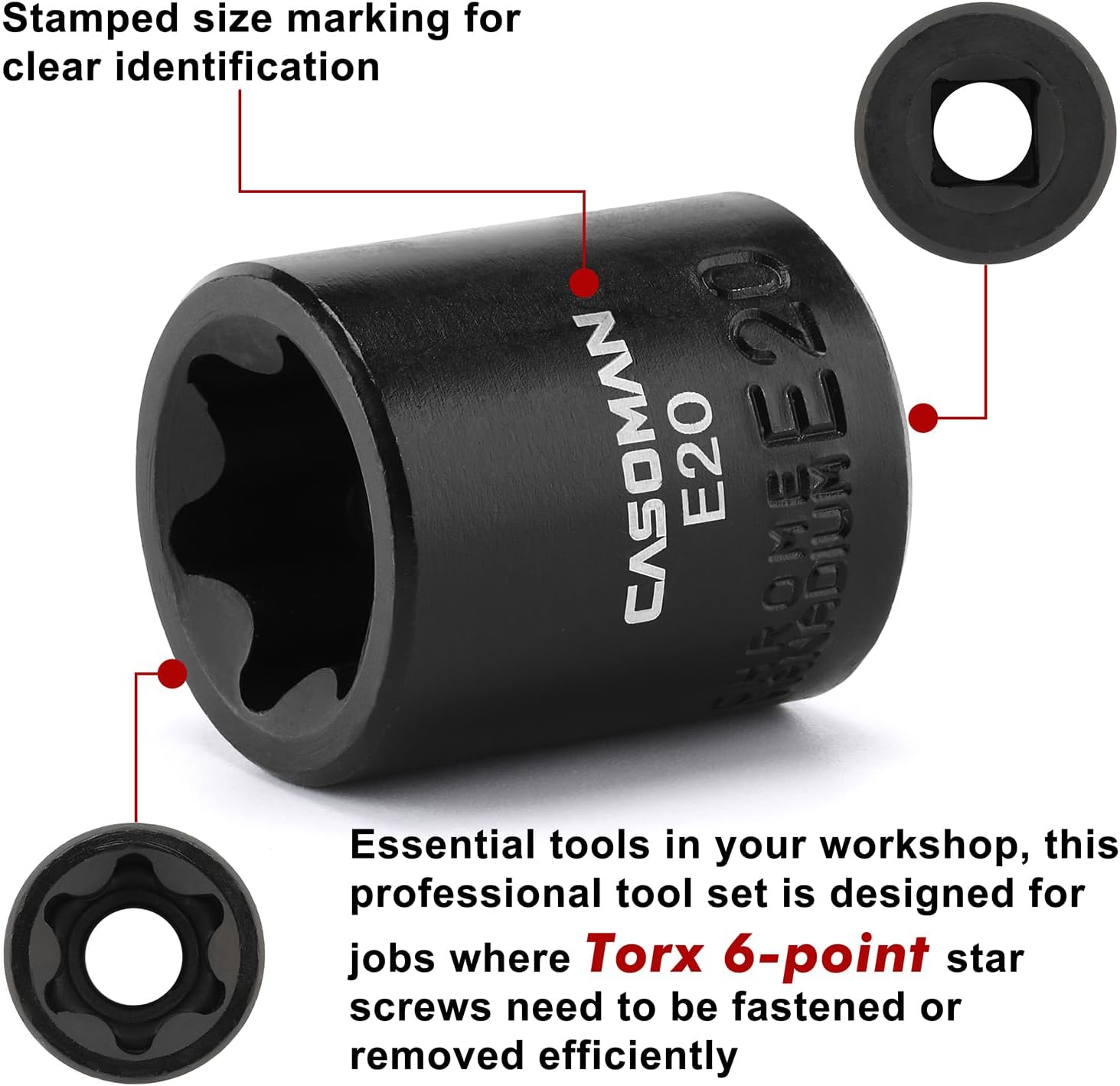 CASOMAN 11PCS Female Torx Socket Set, E Torx & Star Socket Set with Rail, E4 - E20 Torque Sockets image number 3