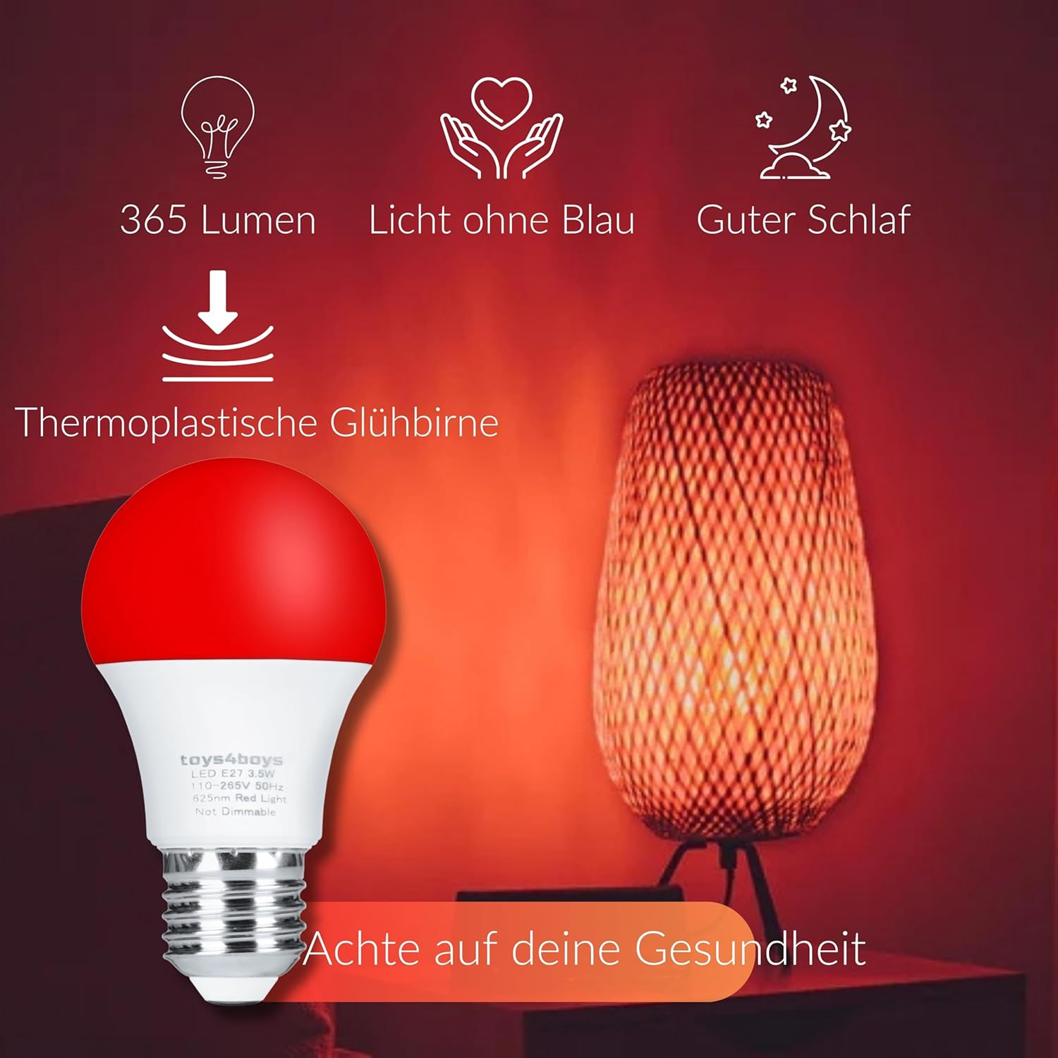 Toys4Boys Red LED Bulb E27 Pack of 2 &ndash; Creates Calm with Melatonin Red Night Light &ndash; LED Bulb E27 Friendly with Eyes &ndash; Warm Lighting No Flicker 3.5 W image number 3