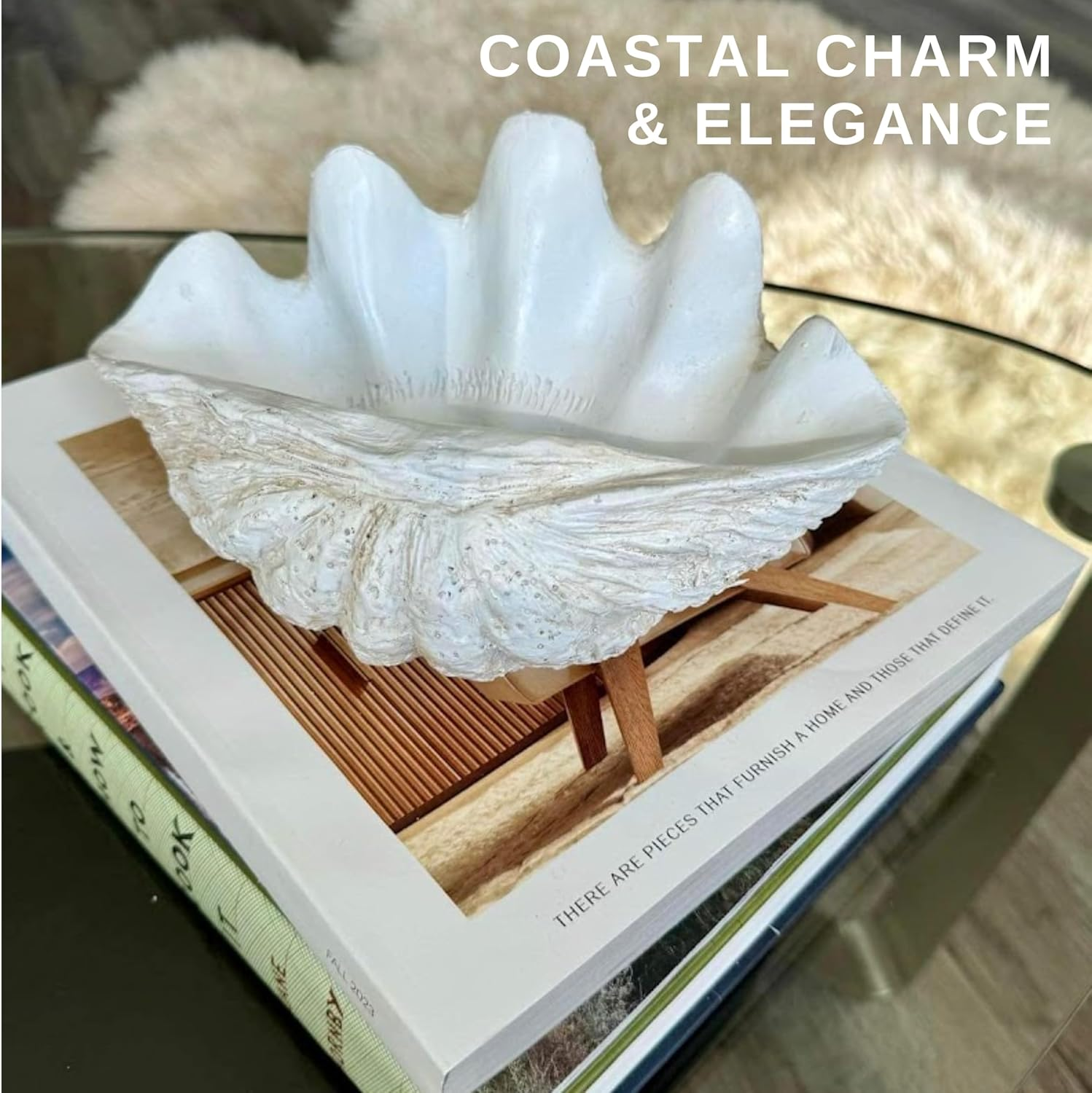 Small Clam Shell Sculpture Replica, 22Cm L X 14Cm W X 11Cm H, Handcrafted White Resin Seashell for Coastal Home D&eacute;cor, or Trinket Dish for Jewelry, or Keys White image number 1