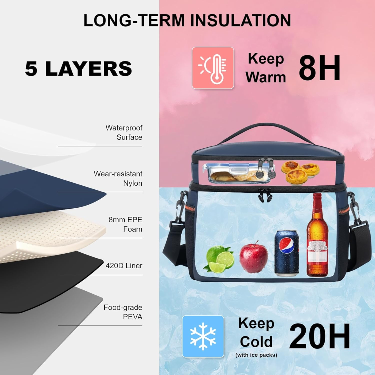 EVERFUN Insulated Cooler Bag Dual Compartments Soft Lunch Bag for Men Women Lunch Box 24 Can Collapsible Waterproof Leak-Proof Lunch Coolers for Work Office image number 6