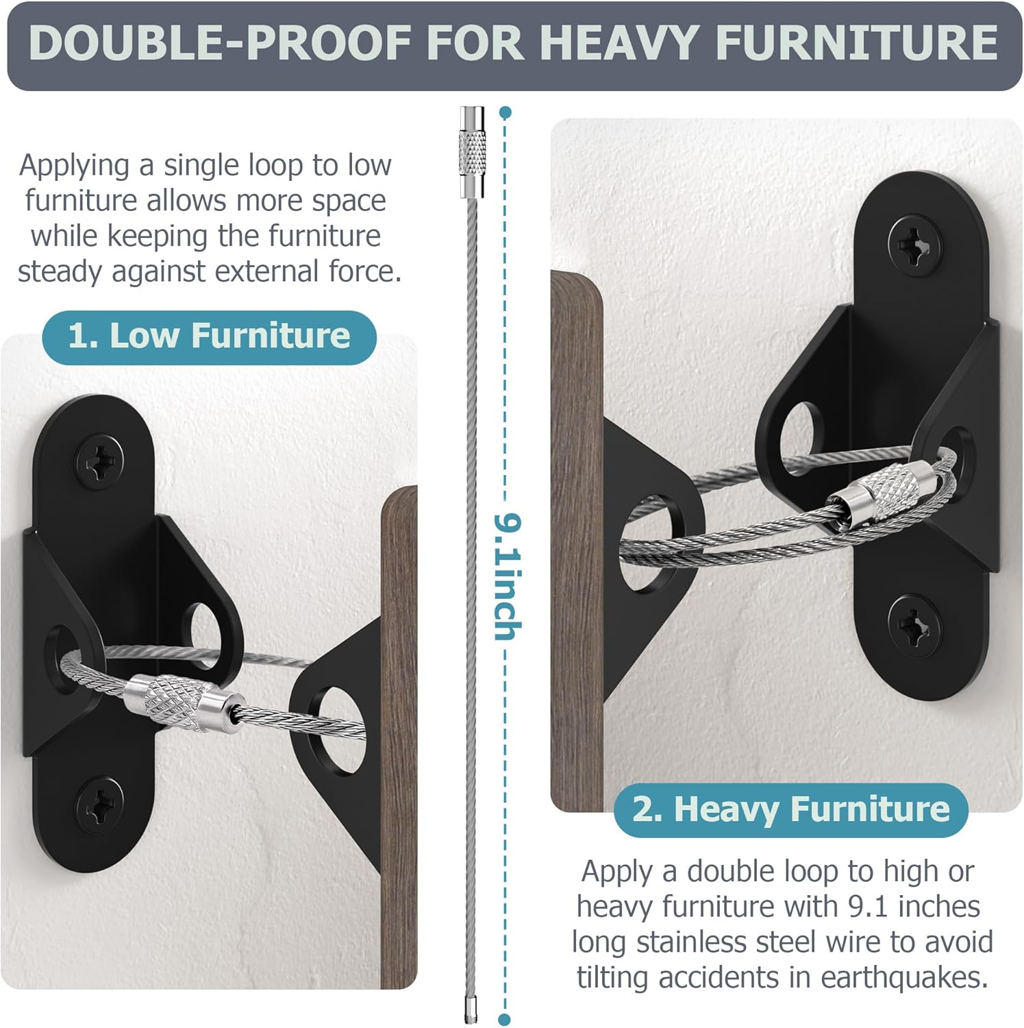 Furniture Anchors for Baby Proofing, anti Tip Furniture Wall Anchors, Metal Earthquake Straps, Cabinet to Wall, Dresser Wall Safety Anchor for Child Safety (Black, 2 Pack) image number 3