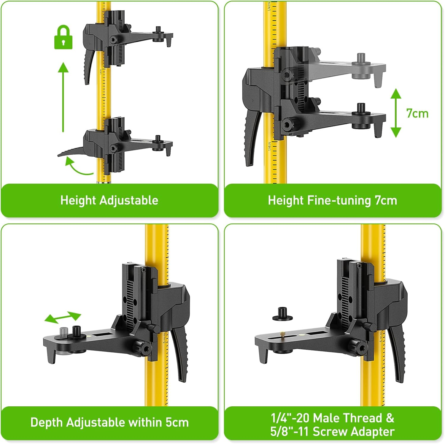 Huepar 3.7M /12 Ft. Professional Laser Level Pole with Tripod and 1/4"-20 Inch Laser Mount for Rotary and Line Lasers, Adjustable Telescoping Laser Pole with 5/8"-11 Threaded Adapter-Lp36A image number 1