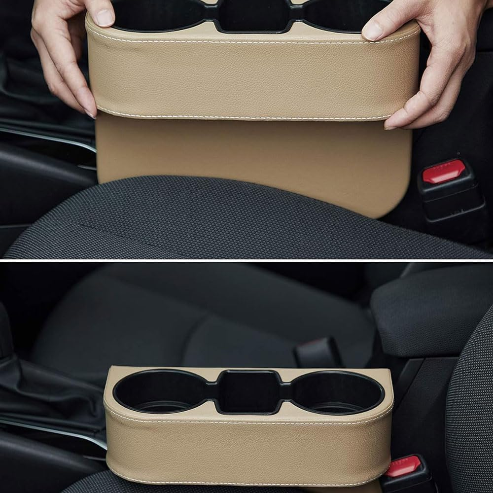Car Seat Gap Organizer with Cup Holder &ndash; PU Leather Front Seat Side Pocket Storage Box with Phone Slot, Coin Holder and Console Gap Filler &ndash; Beige Car Interior Organizer image number 5