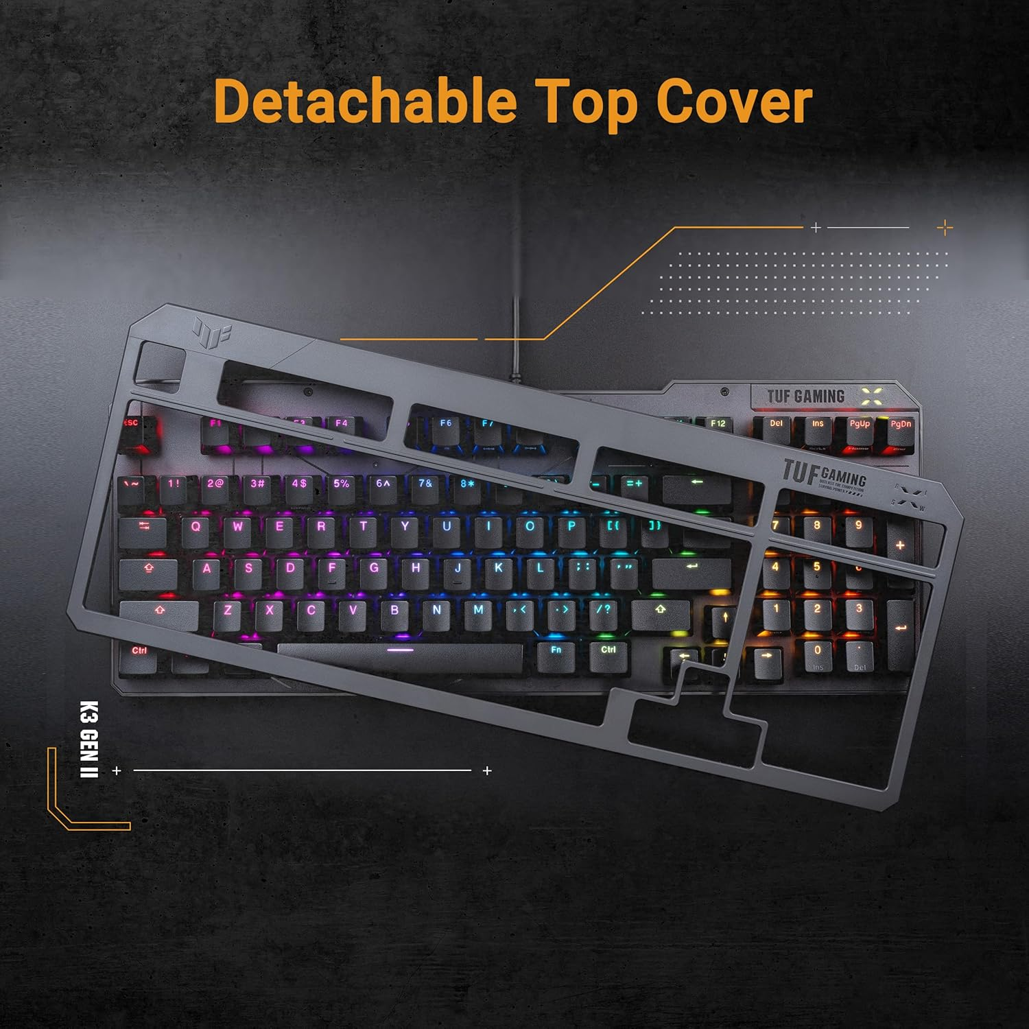 ASUS TUF Gaming K3 Gen II Keyboard with Compact 97-Key Layout, Optical-Mechanical RGB Switches, Silicone-Gasket Mount, Dampening Foam, IP57 Waterproofing, a Detachable Top Plate, and Aura Sync image number 3