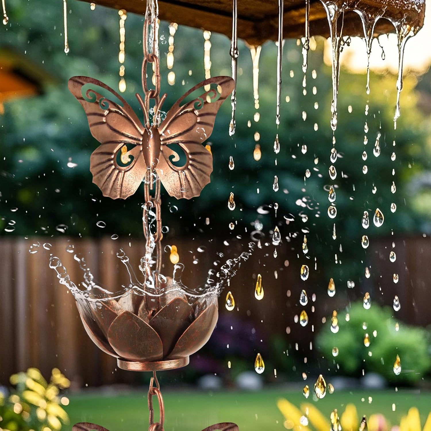 Shumi 13Ft Rain Chain for Gutters Downspouts Outside,Butterfly Rain Chain with 12 Copper Lotus Rain Chain Cups,Functional and Decorative Replacement for Gutter Downspouts image number 1