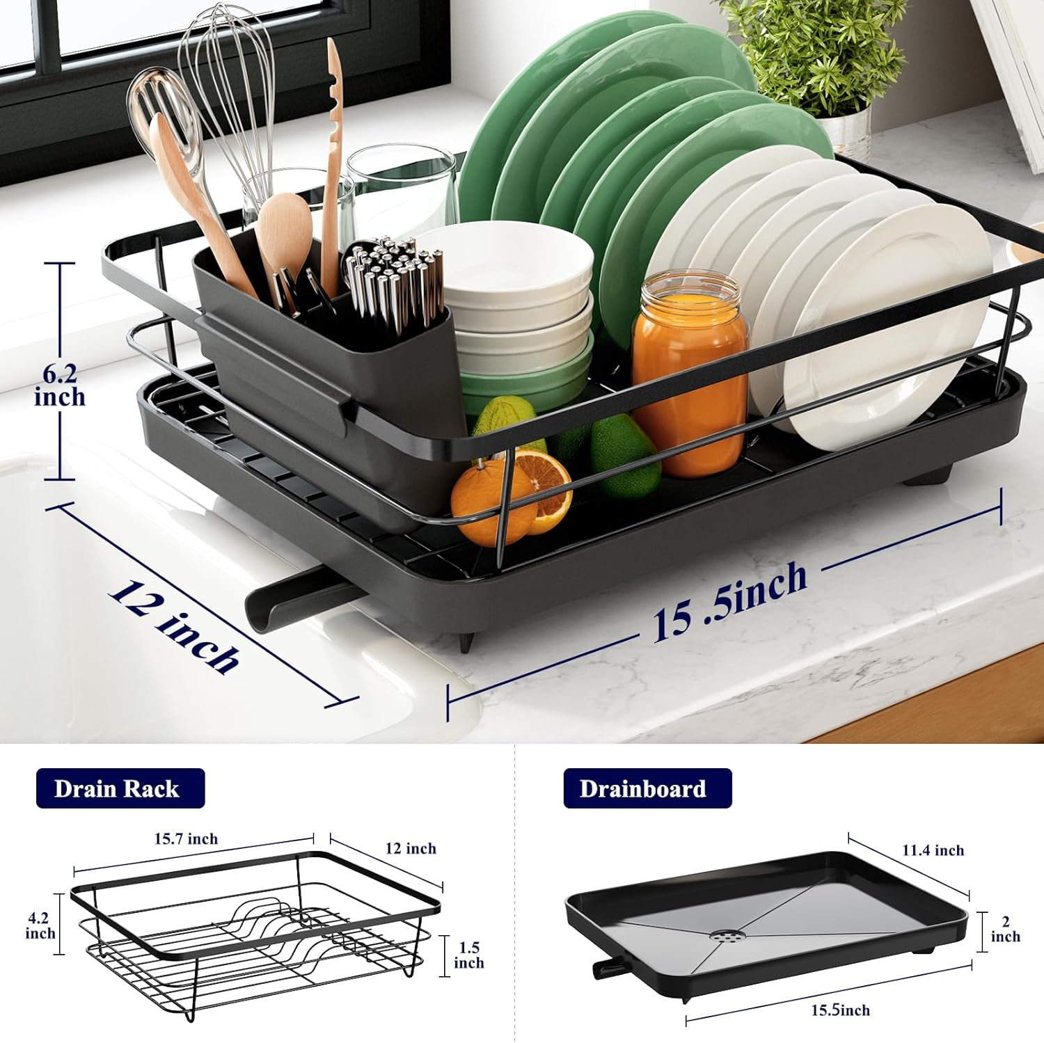 Kitsure Dish Drying Rack- Space-Saving Dish Rack, Dish Drainers for Kitchen Counter, Stainless Steel Kitchen Drying Rack with a Cutlery Holder, 30.5 X 39.5 X 16.0 Cm, Black image number 3