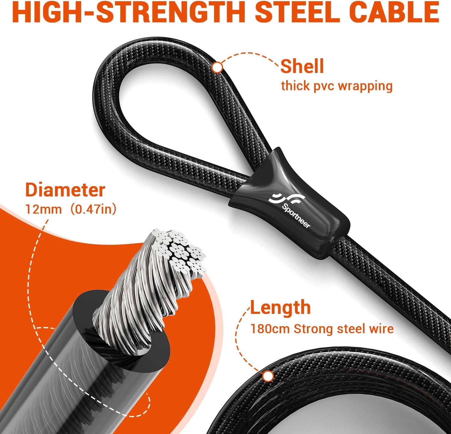 Sportneer Bike Lock: Heavy Duty Bike U Lock with 1.8M Security Steel Cable - 18Mm Shackle Bicycle U-Locks with Keys and Sturdy Mounting Bracket for Road Mountain Bike Bicycle image number 2