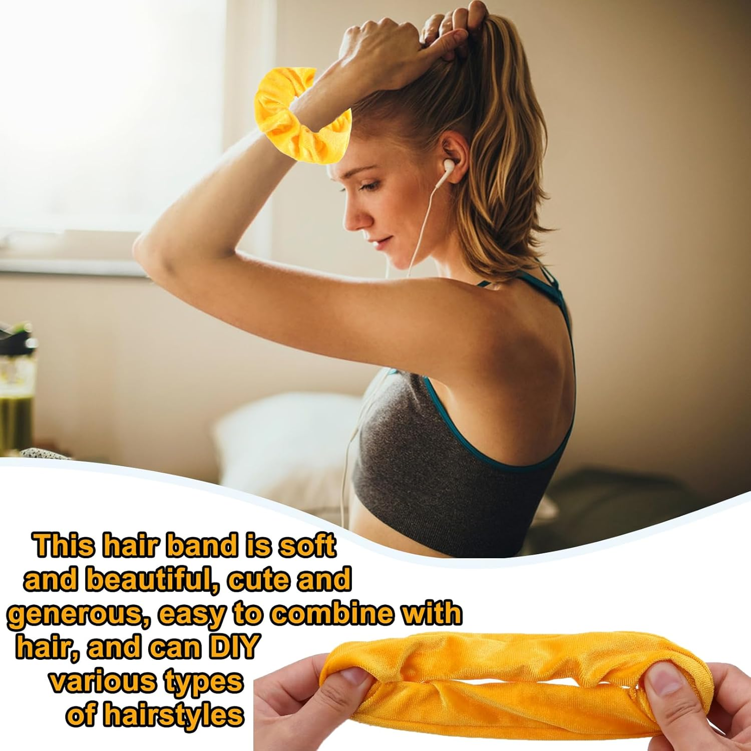 Pack of 2 Hair Bobbles Yellow, Hair Thick Scrunchies Hair Band, Elastic, Women'S Soft Scrunchies, Large Velvet Hair Bobbles, Christmas Headband Set, Stylish Women Elastic, Hair Headband for Afro Curly image number 4