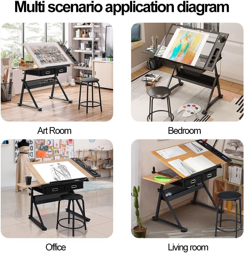 Drawing Tables for Artists,Height Angle Adjustable Drafting Desk W/2 Drawers Craft Station W/Metal Frame Tiltable Art Desk Work Station for Painting, Writing, Studying (Wood)