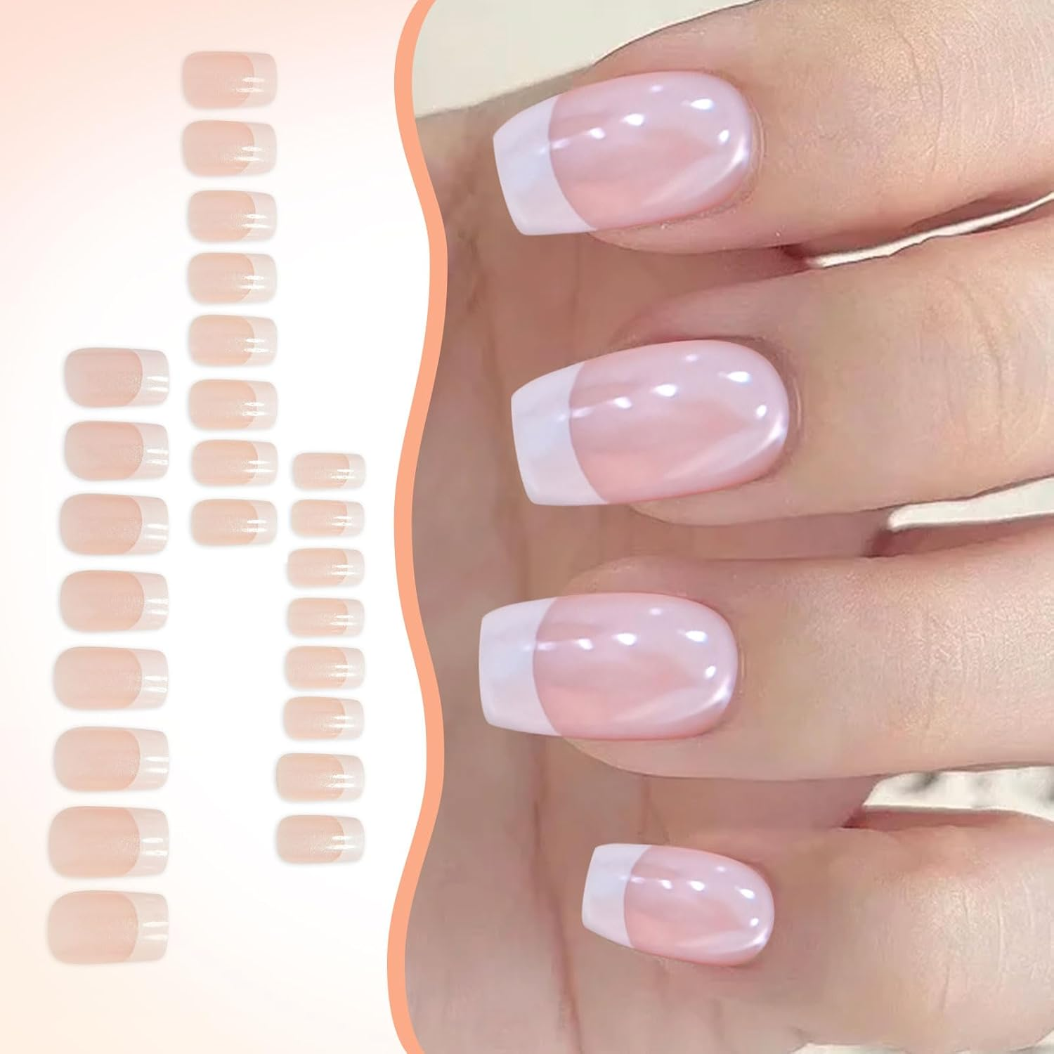 Lunarcharm 24Pcs Medium Square Push on Nails Simple White Glitter French Style False Nails Cute Full Cover image number 5