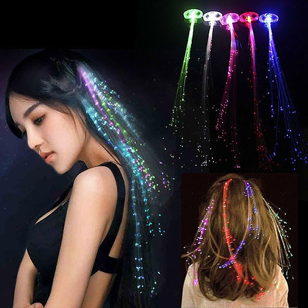Novelty Place [Party Stars] 14 Inch LED Light-Up Optic Fiber Hair Extension with Barrette Party Light Set - Alternating Multicolors (12 Pack)